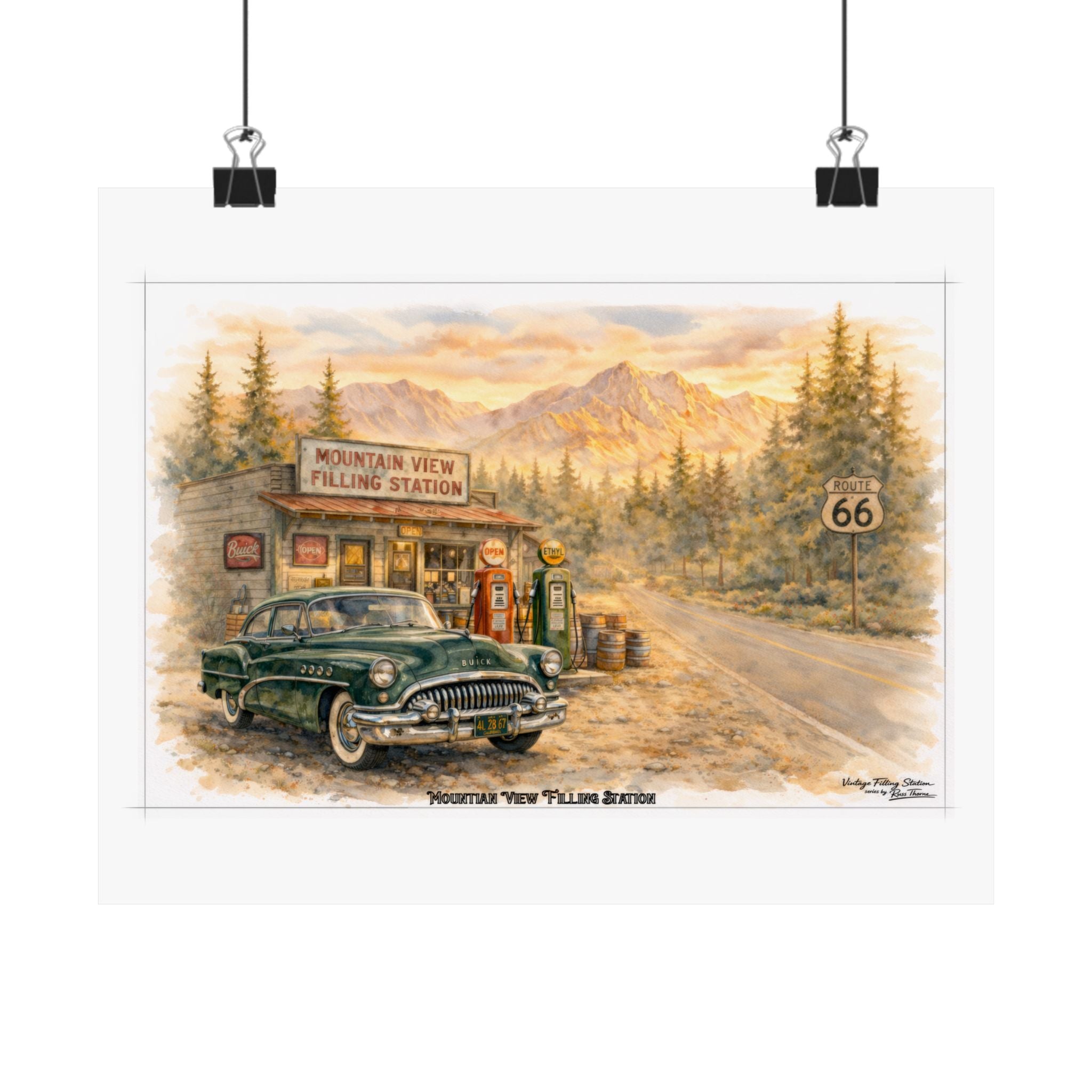 Vintage Route 66 Gas Station Poster — Classic Car 1950s Buick Roadmaster - Mountain Road Matte Horizontal Print