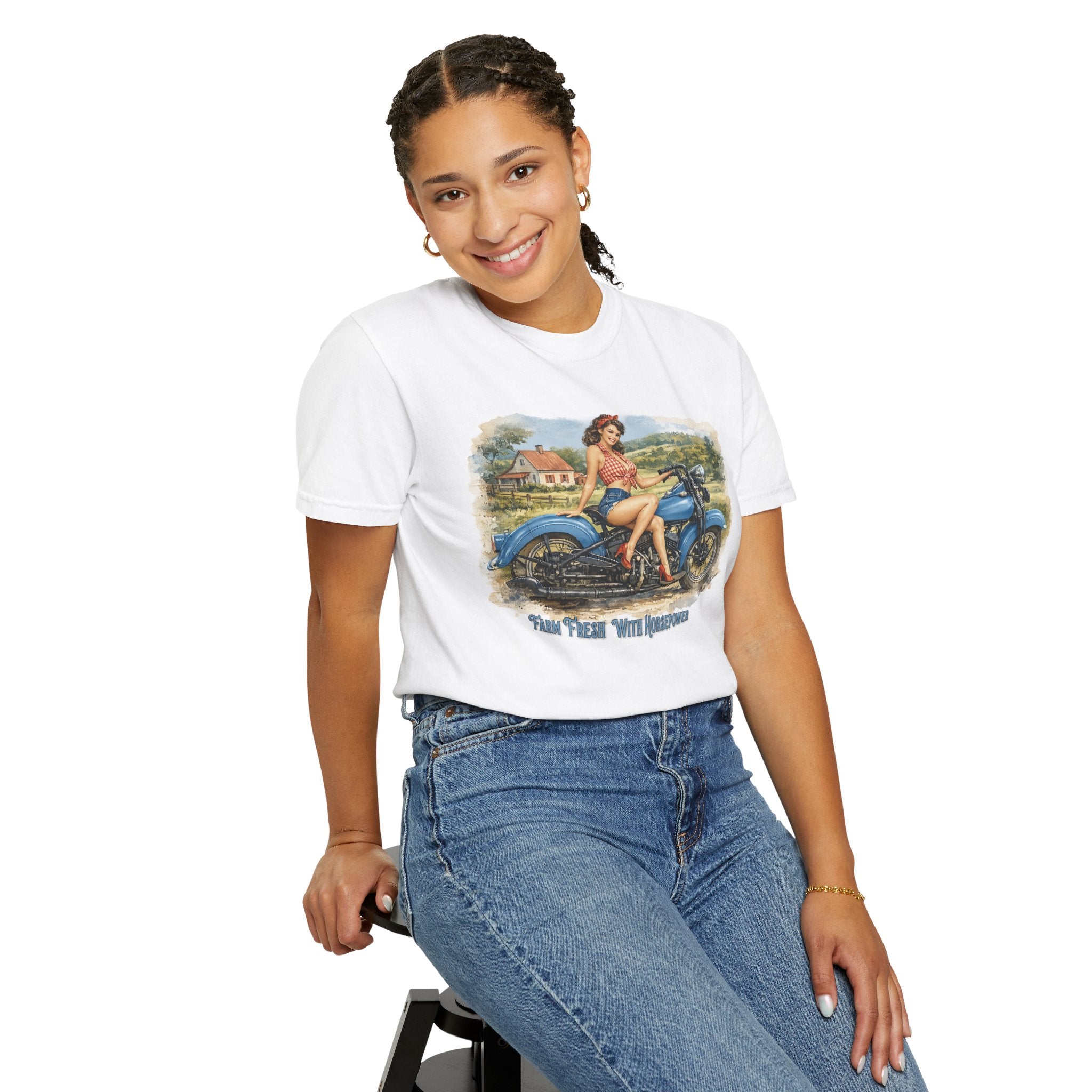 Pinup Art-Smiling farm girl perched on a classic blue Harley Davidson motorcycle