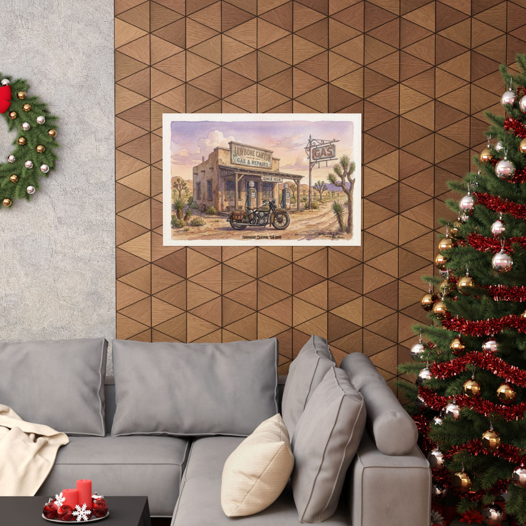 Vintage Desert Gas Station Poster — Jaw Bone Canyon  ---Retro Motorcycle Matte Horizontal Print