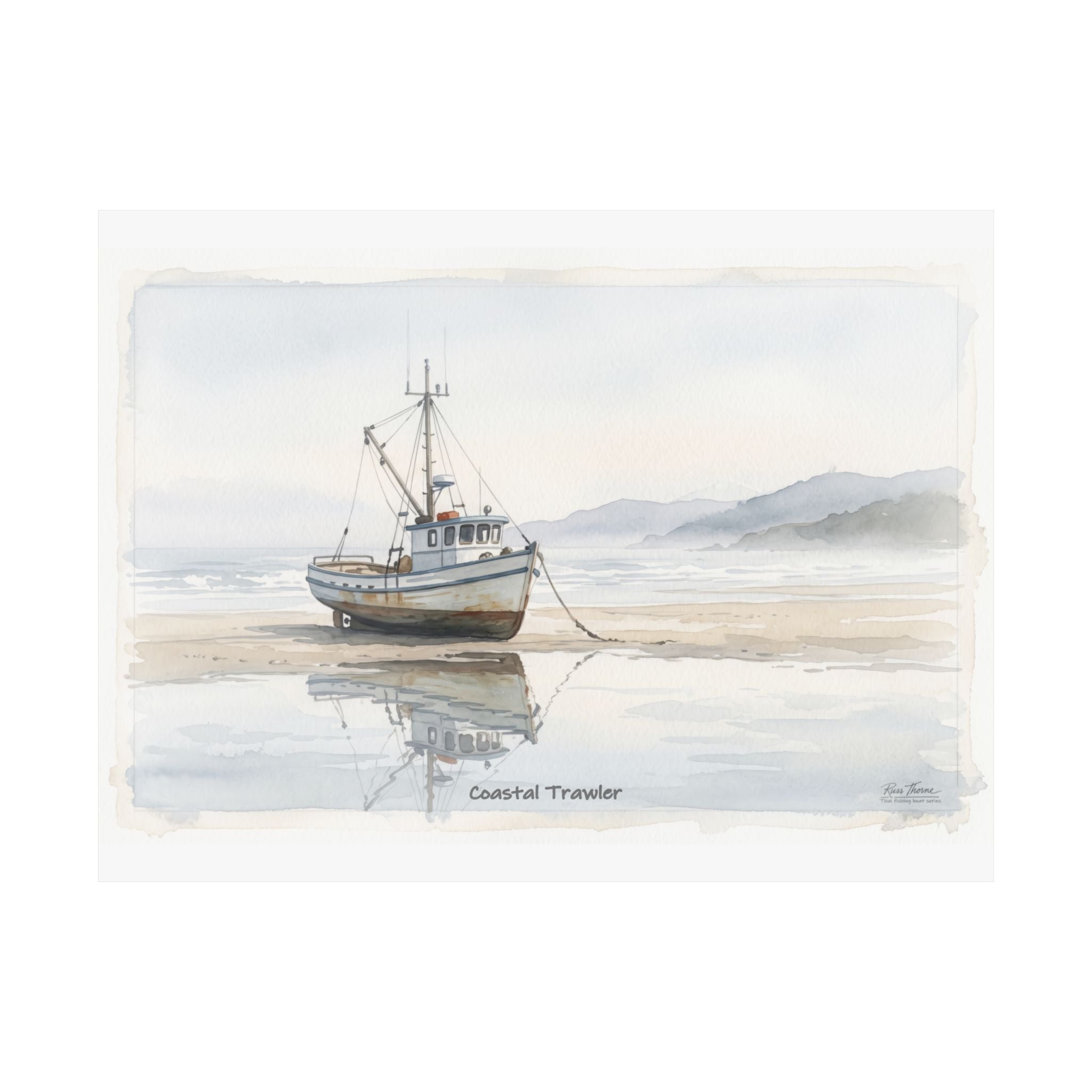 Coastal Trawler – Quiet Harbor Watercolor Art Print