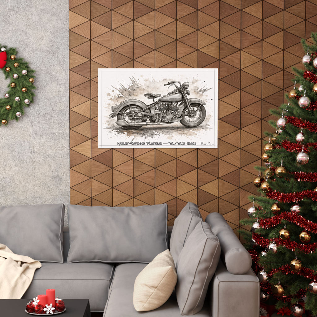 Vintage Harley-Davidson 1940s Flathead Motorcycle Poster — 1940s Harley Davidson Flat Head drawing Matte Horizontal Wall Art