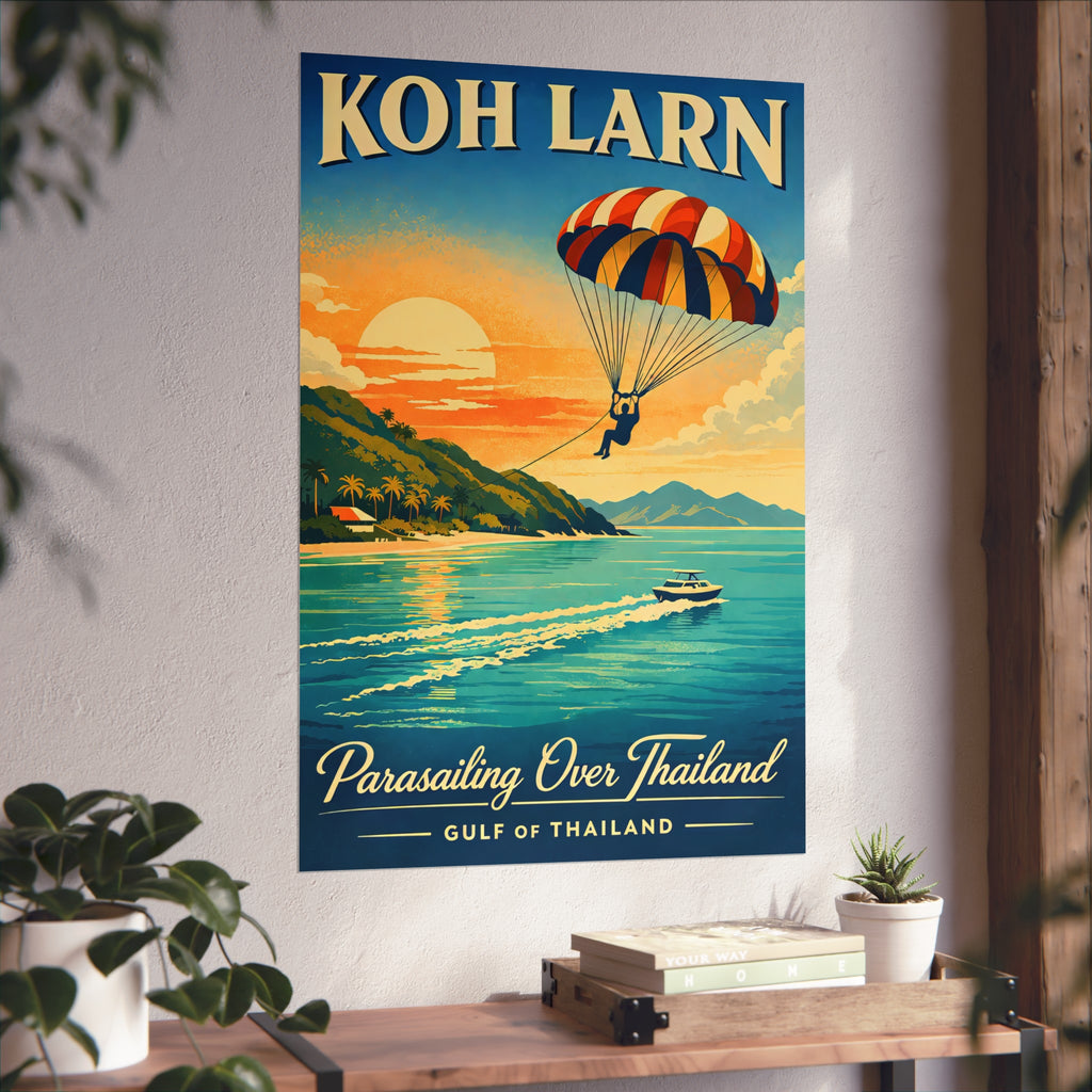 Koh Larn Parasailing Over Thailand Fine Art Poster — Retro Travel Print