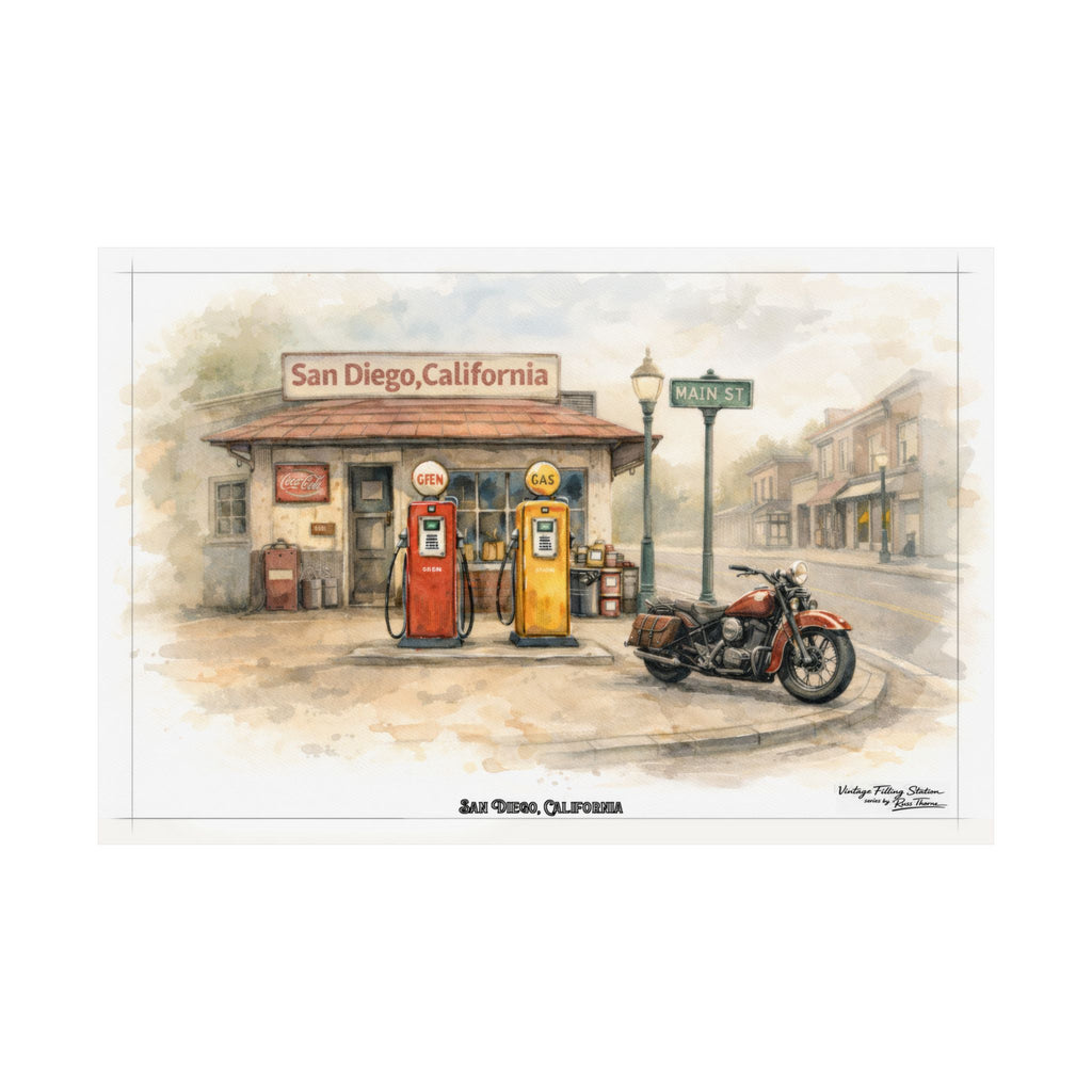 Vintage San Diego Motorcycle Poster — Retro Gas Station Art Print (Matte Horizontal)