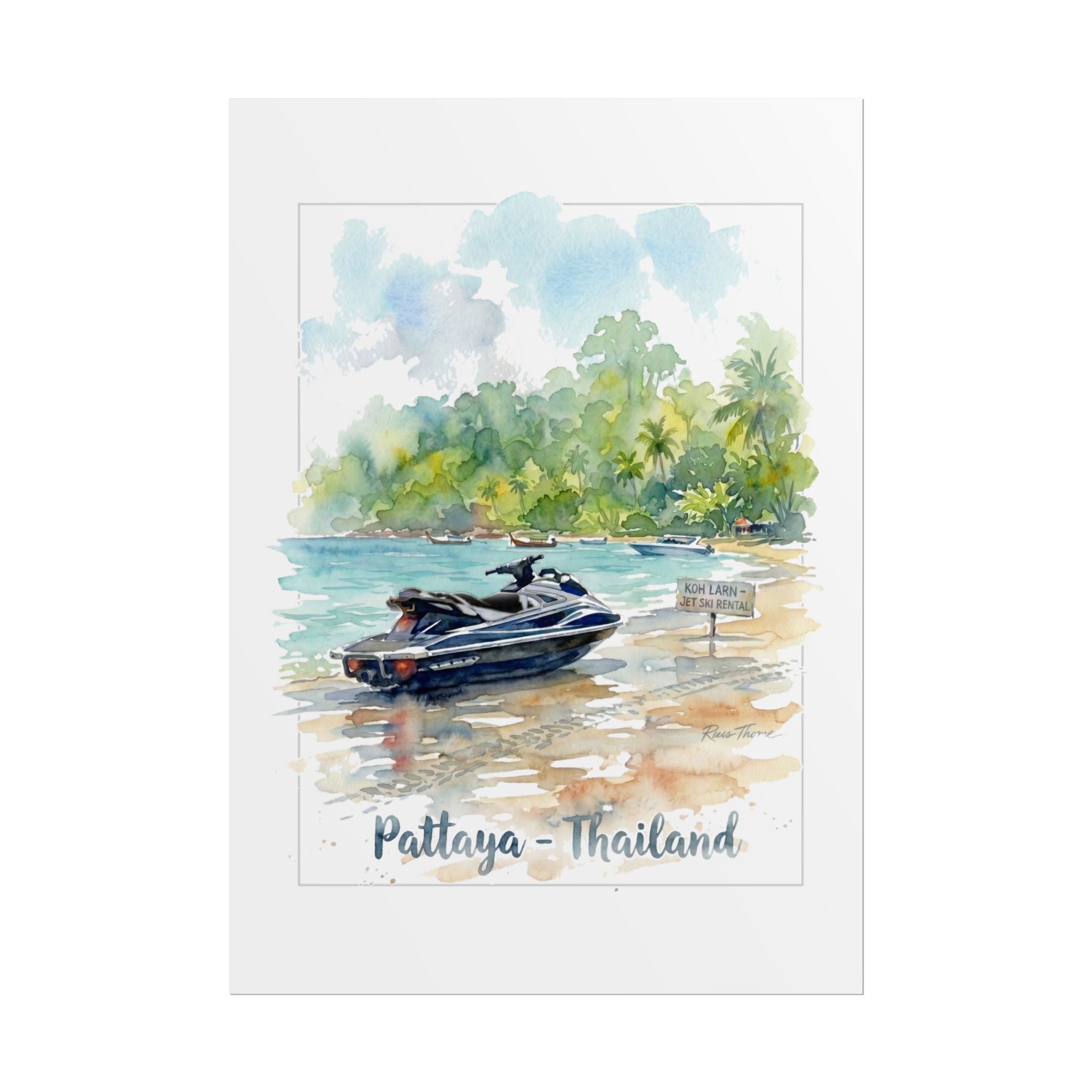 Pattaya Thailand Beach Poster — Watercolor Jet Ski Travel Wall Art (Rolled Poster)