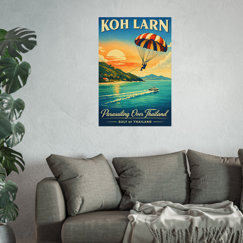 Koh Larn Parasailing Over Thailand Fine Art Poster — Retro Travel Print