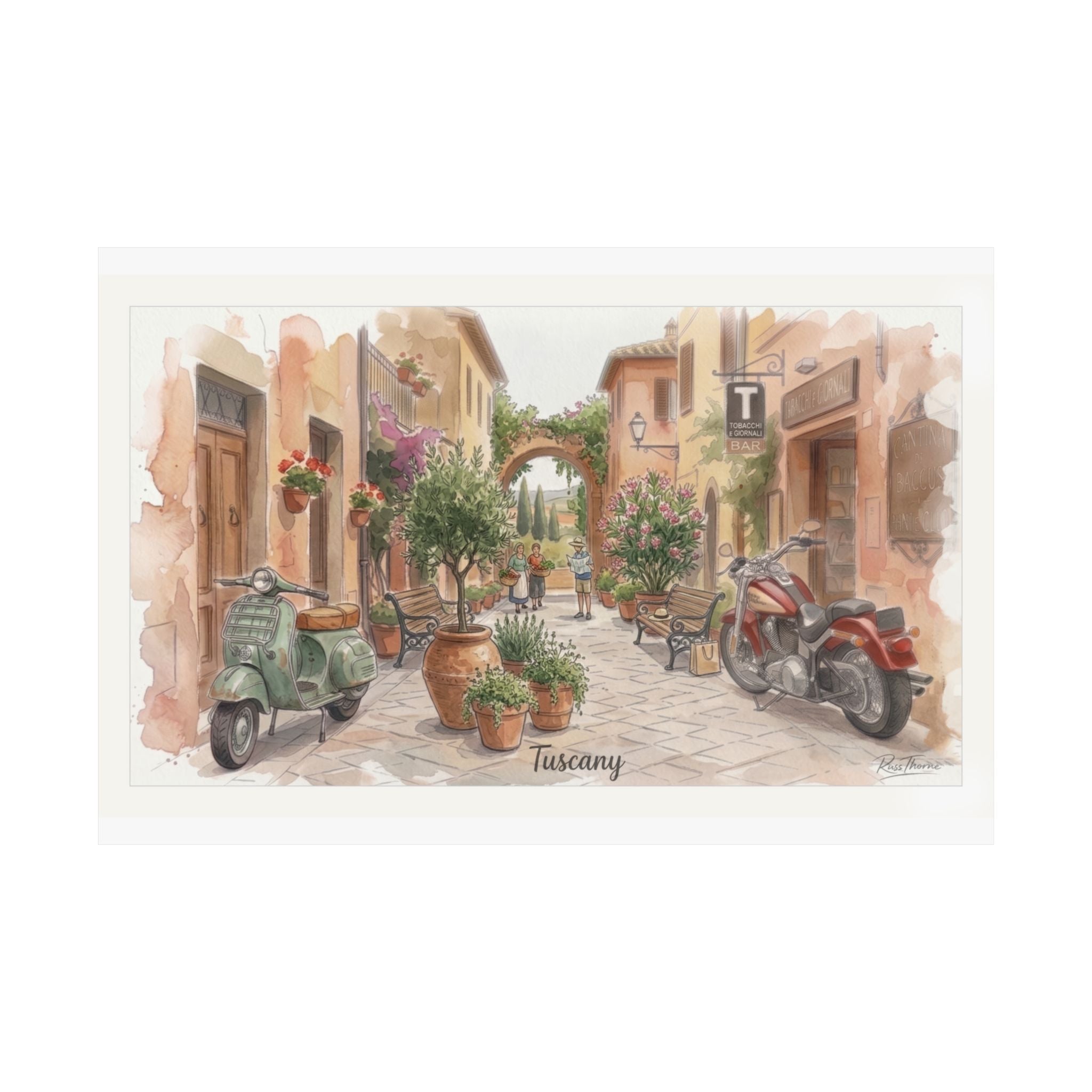 Tuscany Street Watercolor Print – Italian Village Scene with Vespa & Motorcycle by Russ Thorne