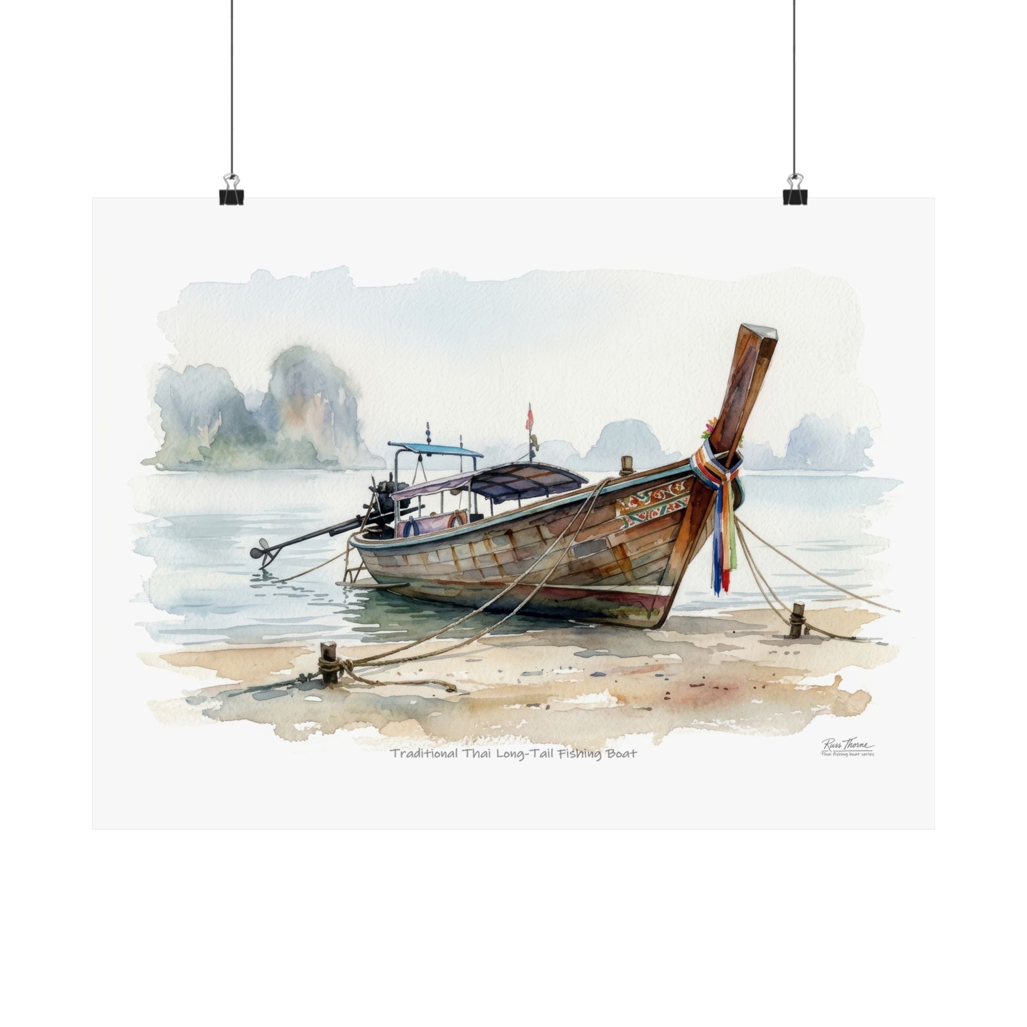 Thai Longtail Boat Watercolor – Traditional Island Fishing Boat Art Print