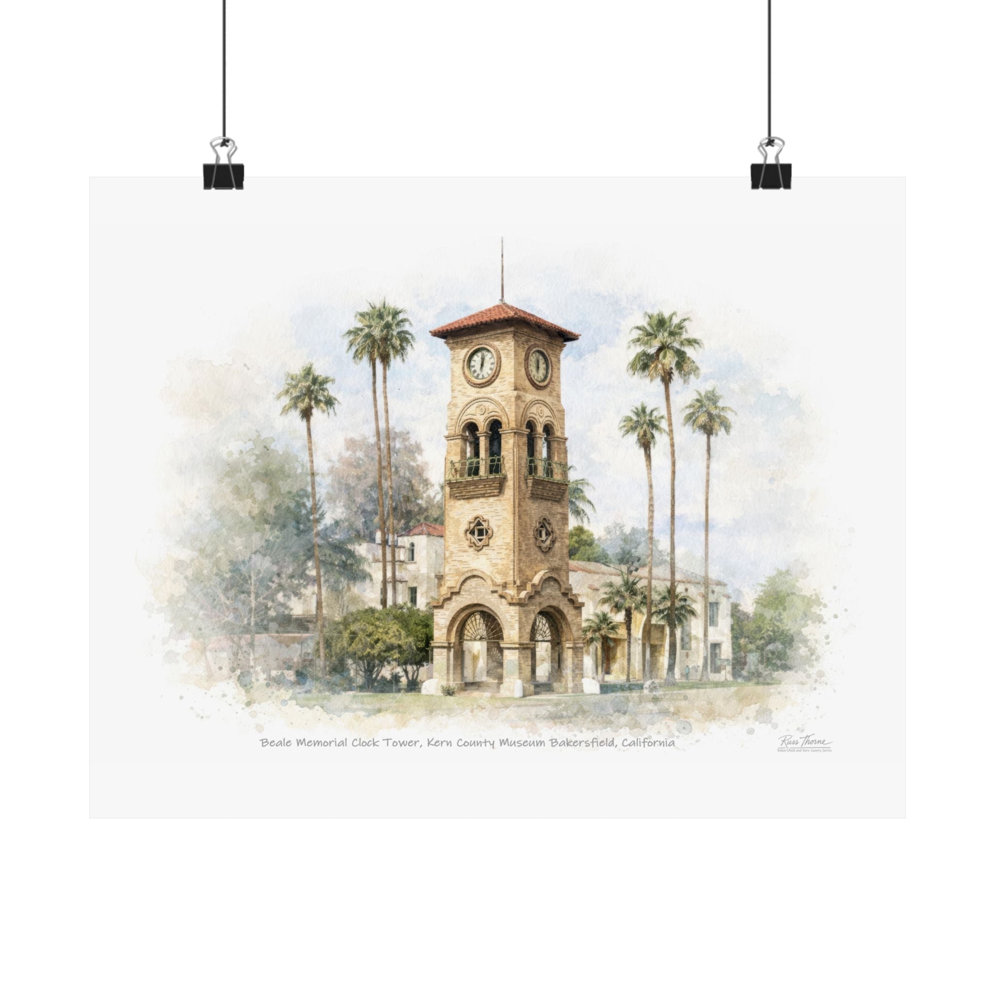 Beale Memorial Clock Tower, Kern County Museum – Bakersfield California Watercolor Print