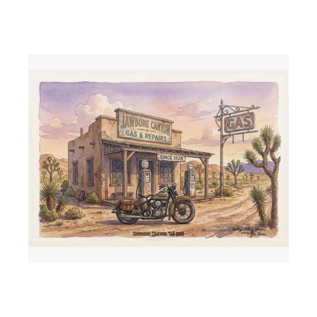 Vintage Desert Gas Station Poster — Jaw Bone Canyon  ---Retro Motorcycle Matte Horizontal Print