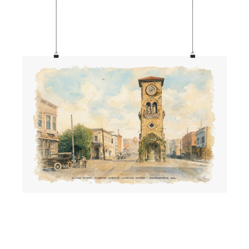 Bakersfield Clock Tower Watercolor | Vintage Architectural Art Print | Chester Avenue 1900s Street Scene