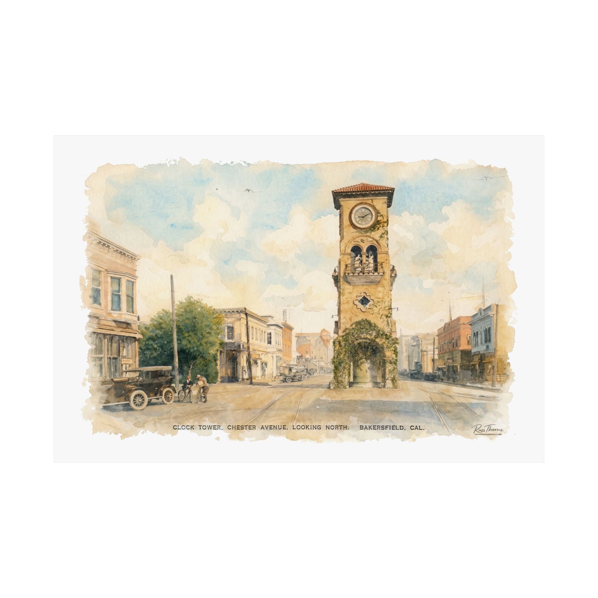 Bakersfield Clock Tower Watercolor | Vintage Architectural Art Print | Chester Avenue 1900s Street Scene