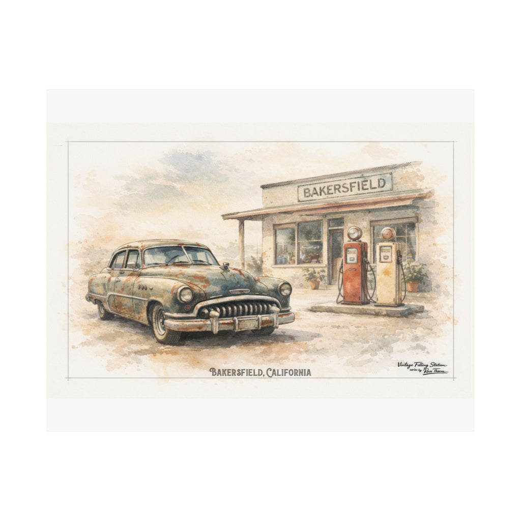 Vintage Bakersfield Gas Station Poster —  1950 Buick Super or Roadmaster sedan.  ---Matte Horizontal Car Print