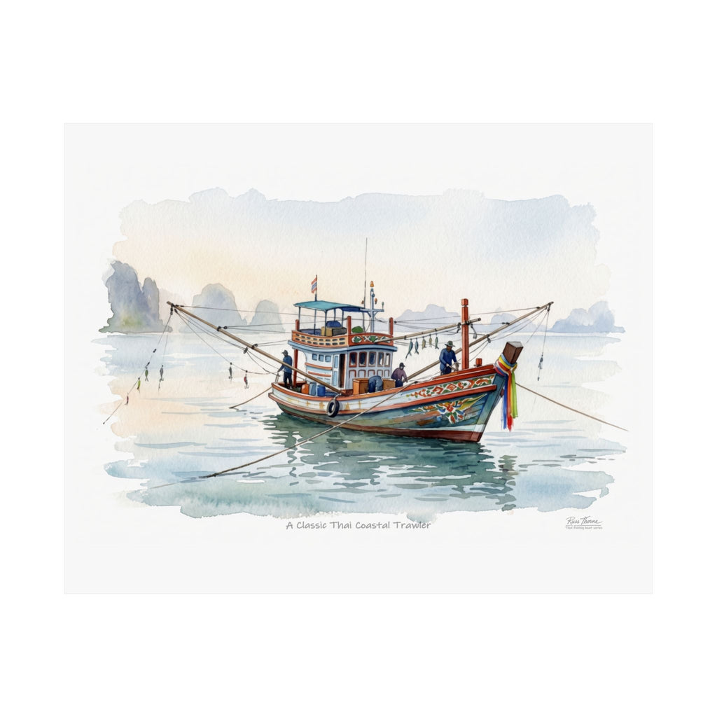 Classic Thai Coastal Trawler Watercolor – Traditional Thailand Fishing Boat Art Print