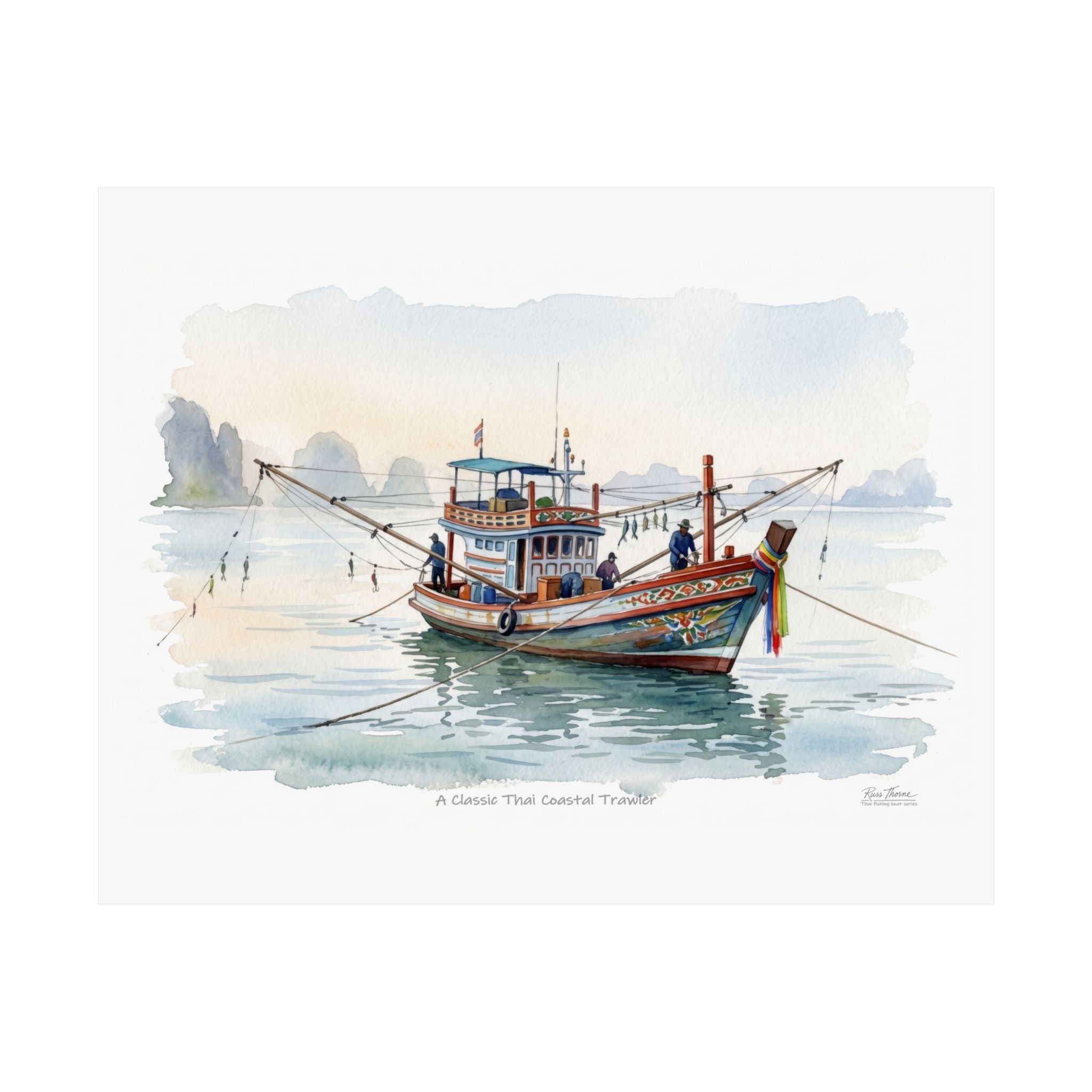 Classic Thai Coastal Trawler Watercolor – Traditional Thailand Fishing Boat Art Print