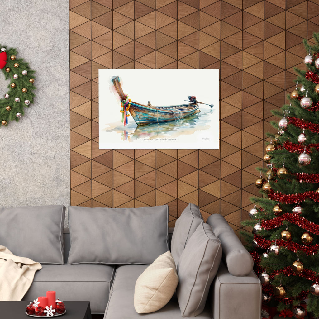 Thai Longtail Fishing Boat Watercolor – Tropical Coastal Thailand Art Print