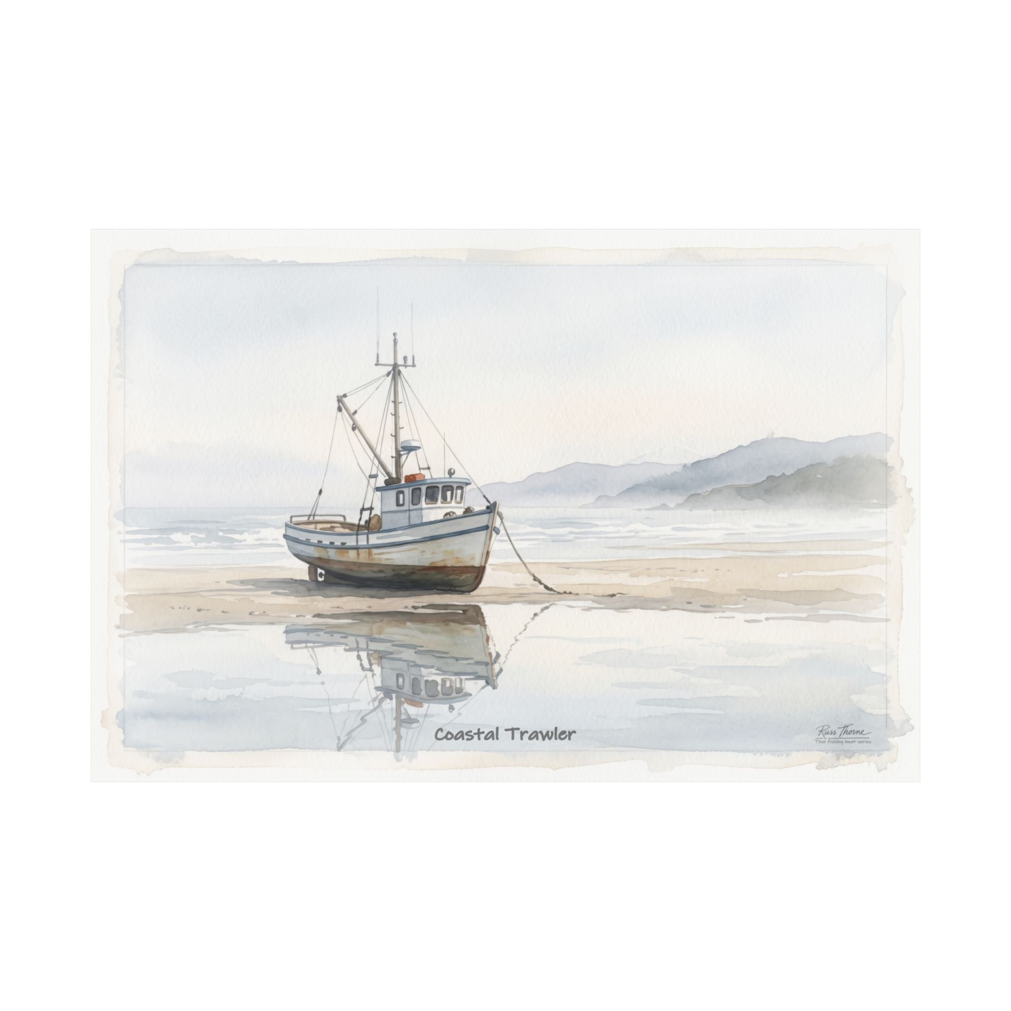 Coastal Trawler – Quiet Harbor Watercolor Art Print