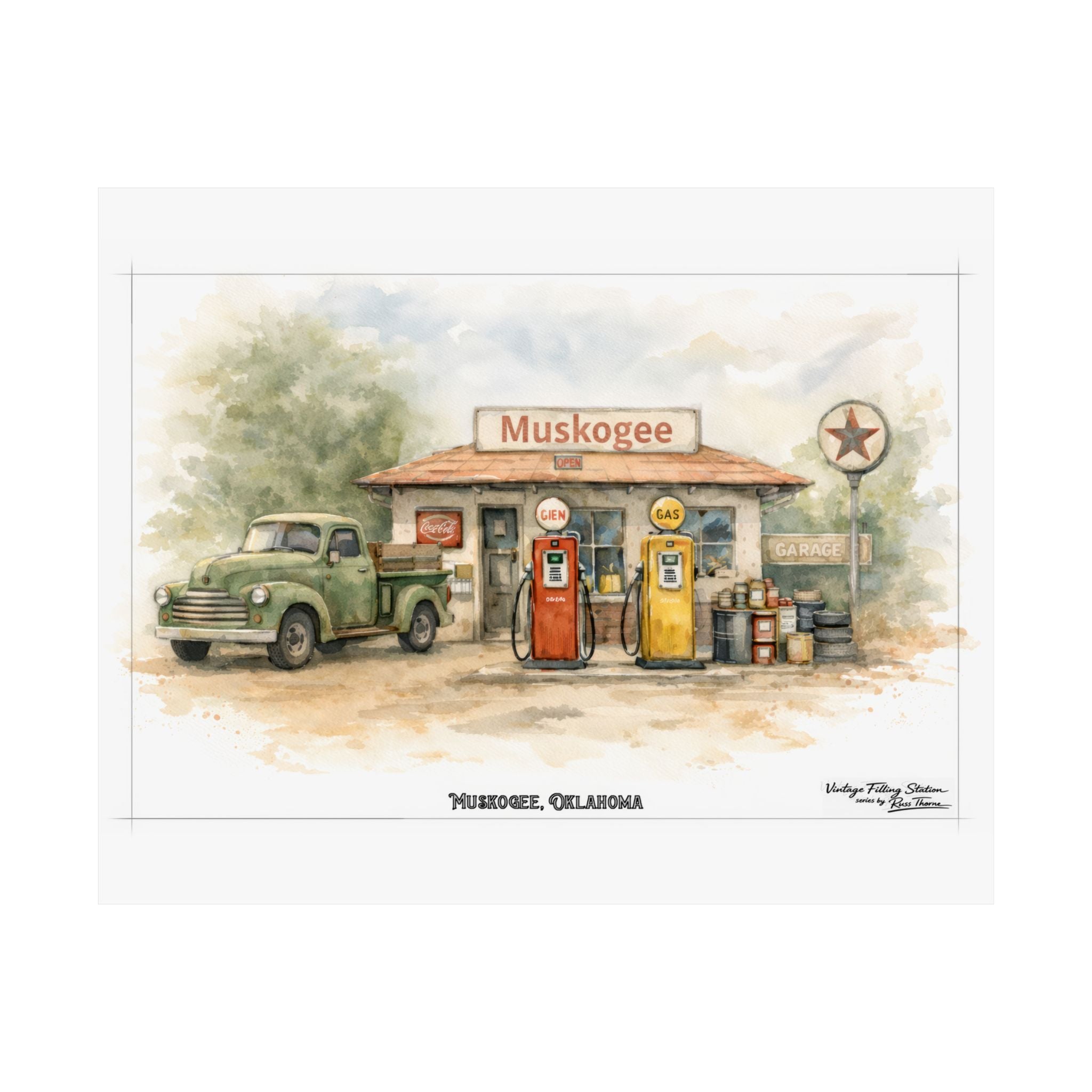 Muskogee Vintage Gas Station Matte Poster — Horizontal Retro Oklahoma Print