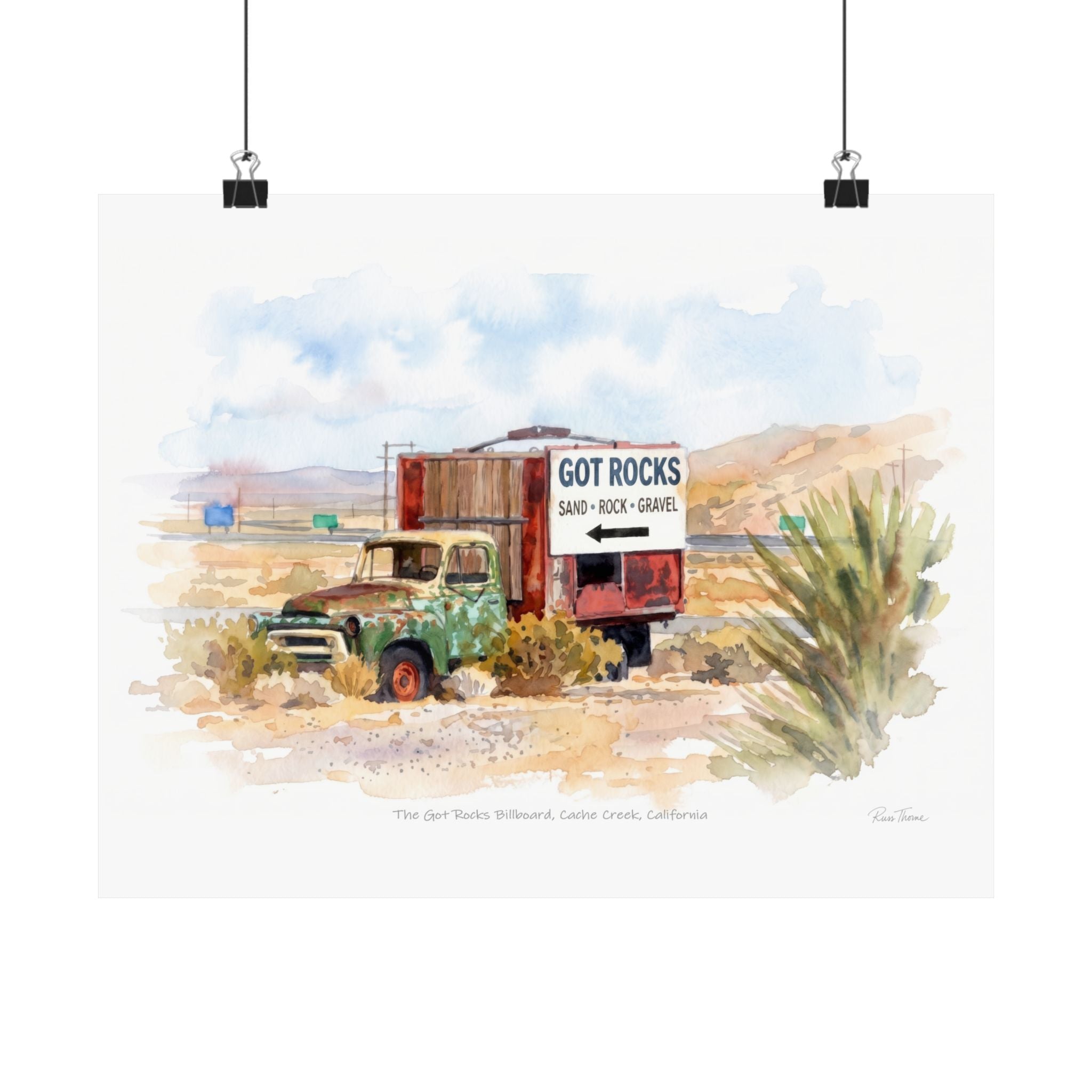 The Got Rocks Billboard – Cache Creek, California Watercolor Print