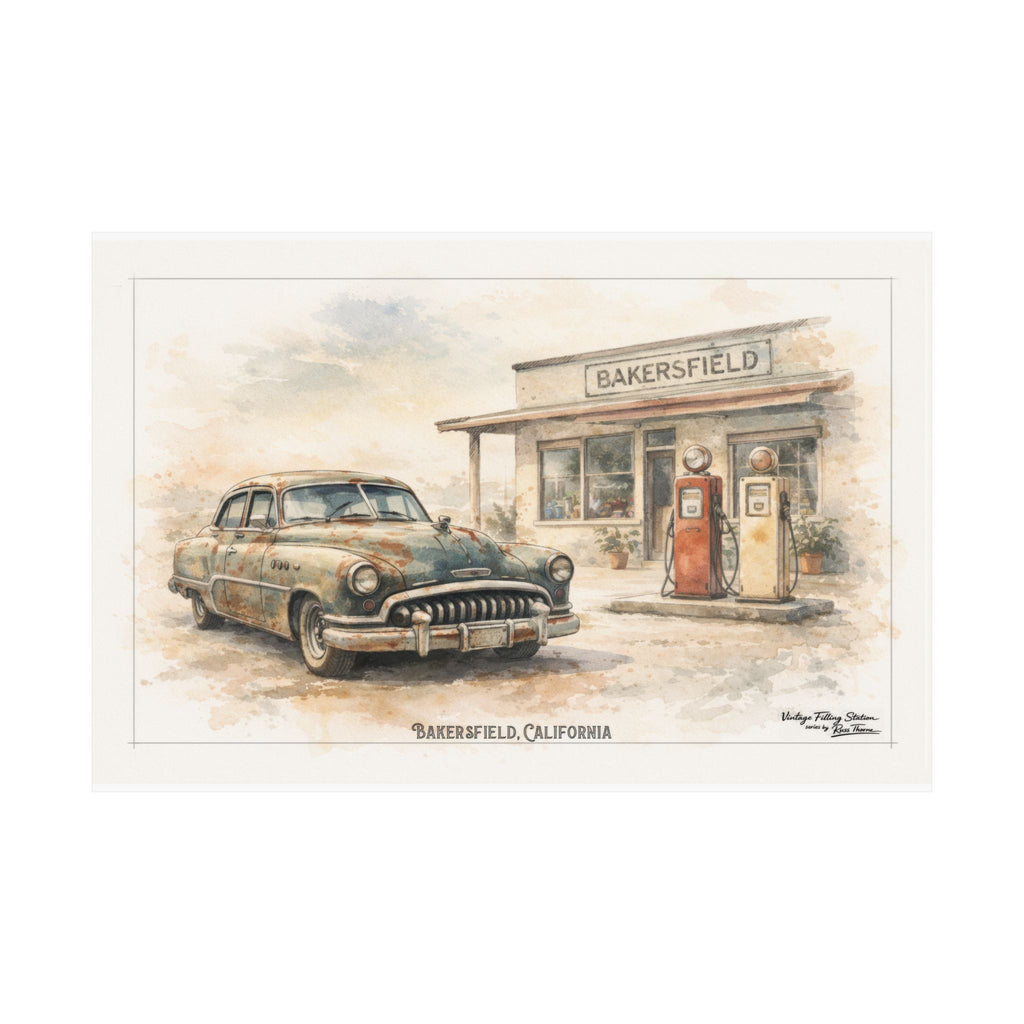 Vintage Bakersfield Gas Station Poster —  1950 Buick Super or Roadmaster sedan.  ---Matte Horizontal Car Print