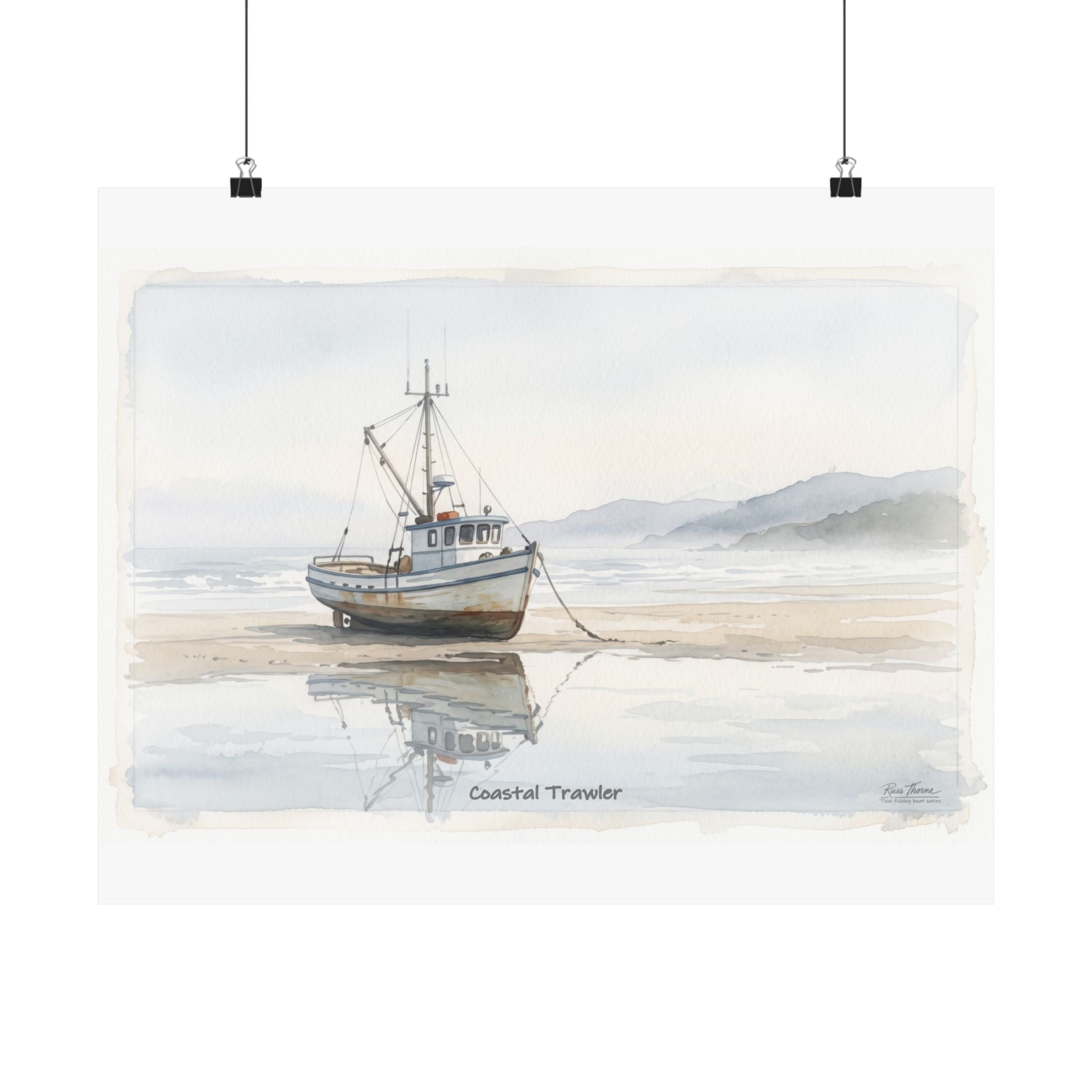 Coastal Trawler – Quiet Harbor Watercolor Art Print