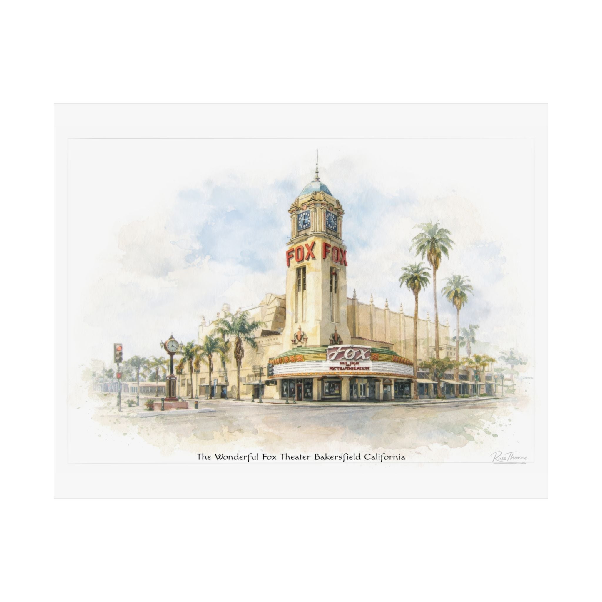 Golden Hour at the Fox Theater – Bakersfield California Watercolor Illustration