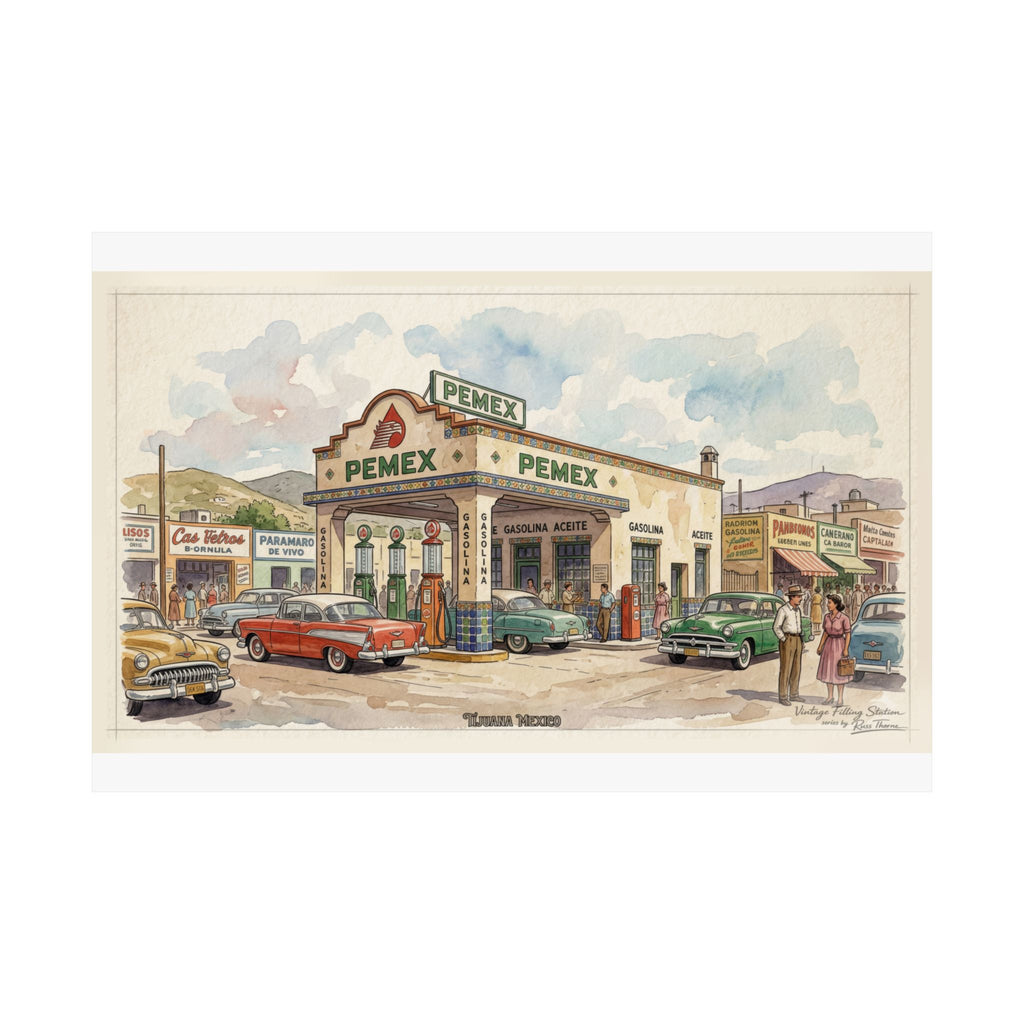 Vintage PEMEX Gas Station Poster — Retro Mexican Roadside Art (Matte Horizontal)