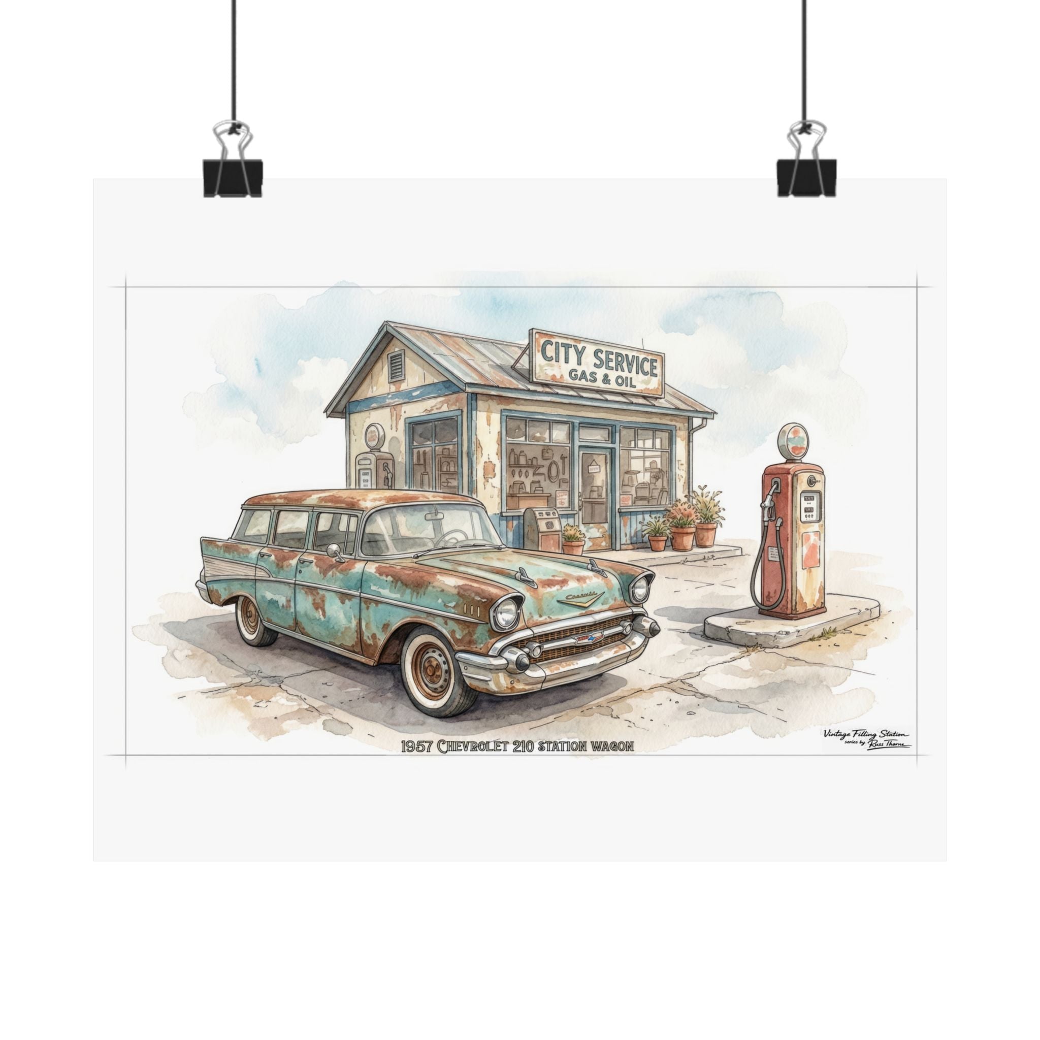 Vintage Gas Station Poster —1957 Chevrolet 210 station wagon-- Wall Art (Matte Horizontal)