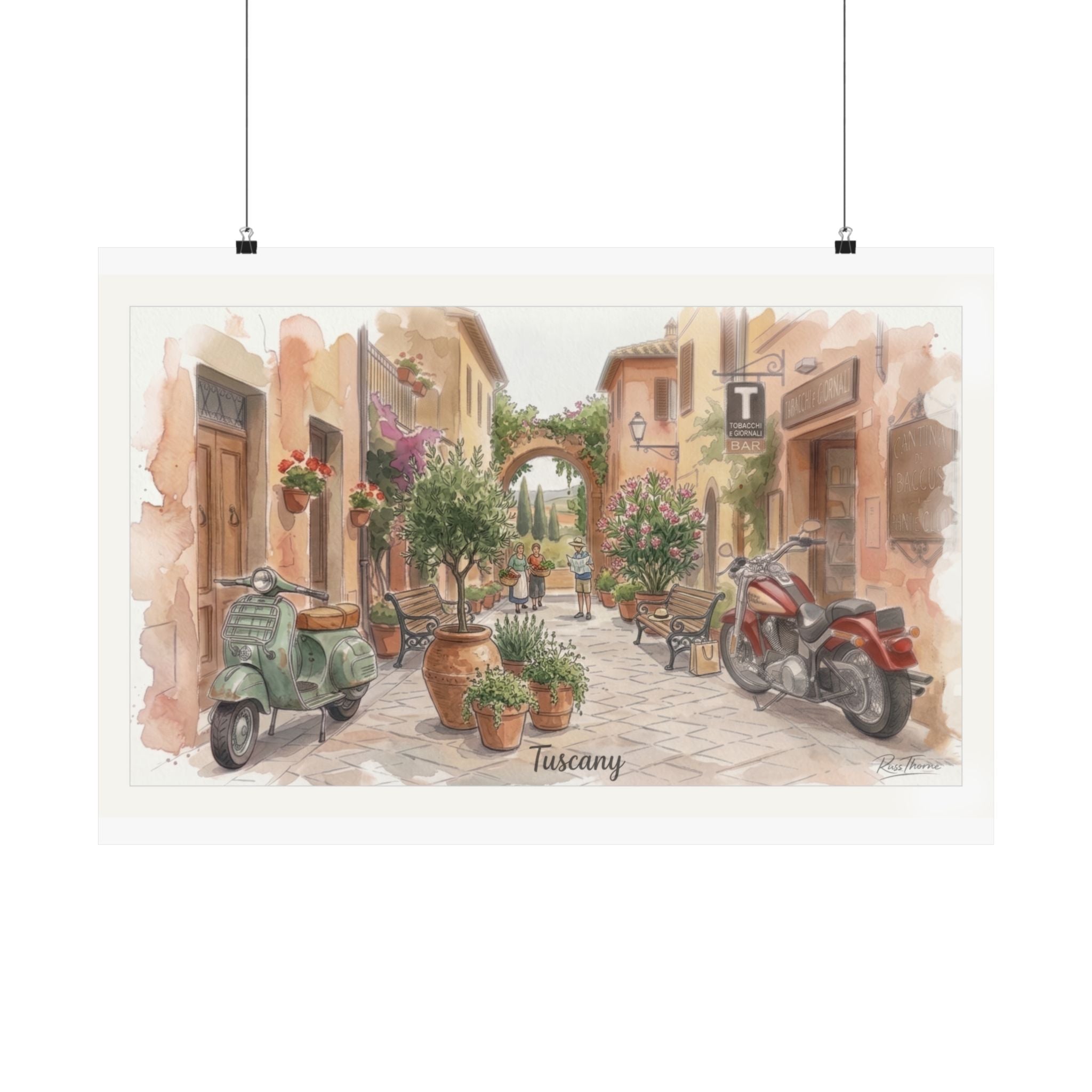 Tuscany Street Watercolor Print – Italian Village Scene with Vespa & Motorcycle by Russ Thorne