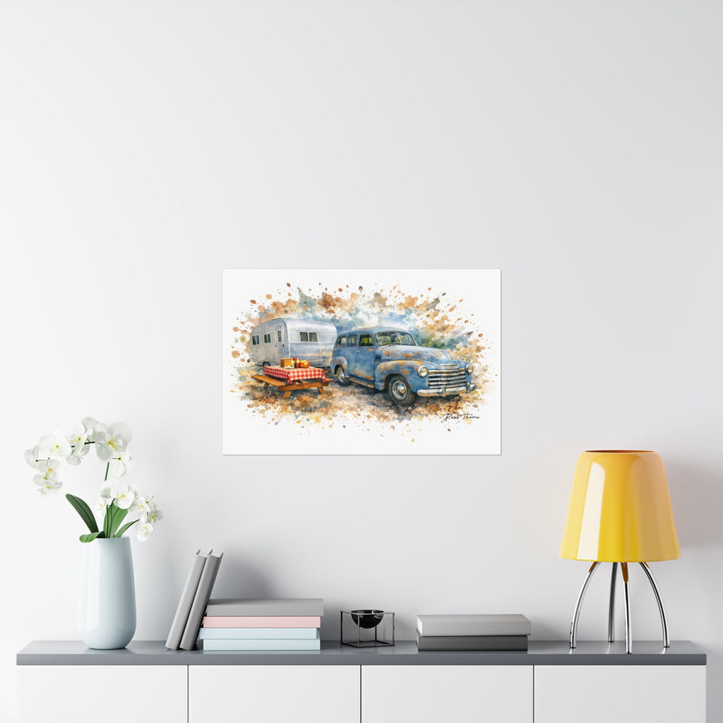 Vintage Road Trip – Blue Classic Car & Camper Adventure