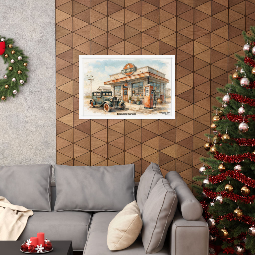 Vintage Gas Station Matte Poster — Retro Automobile Wall Art (Sacramento, California)