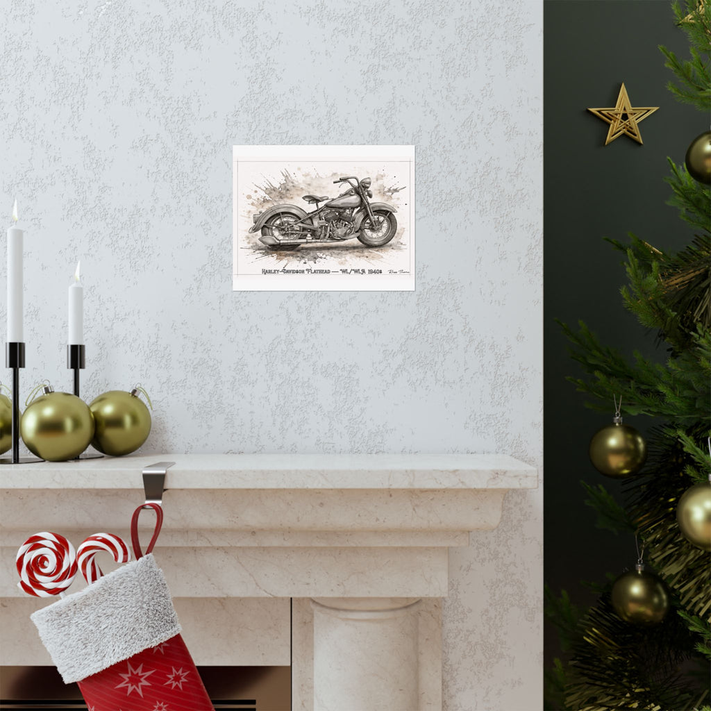 Vintage Harley-Davidson 1940s Flathead Motorcycle Poster — 1940s Harley Davidson Flat Head drawing Matte Horizontal Wall Art