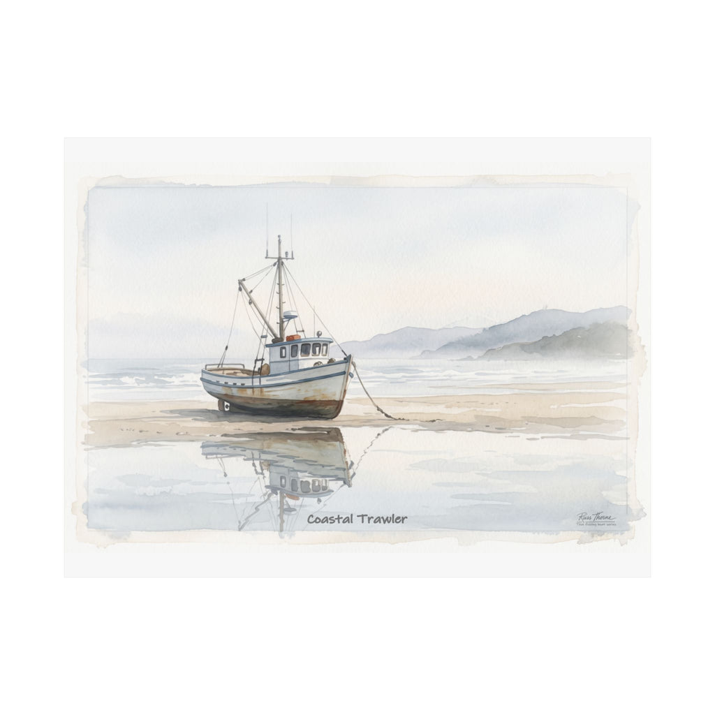Coastal Trawler – Quiet Harbor Watercolor Art Print