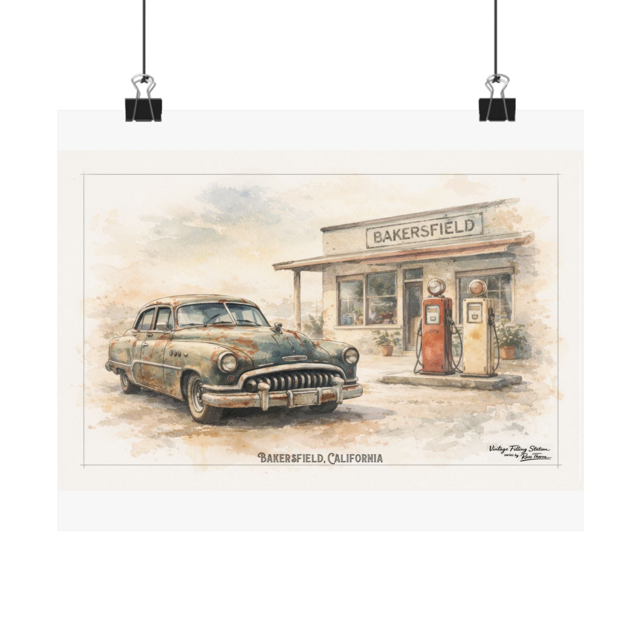Vintage Bakersfield Gas Station Poster —  1950 Buick Super or Roadmaster sedan.  ---Matte Horizontal Car Print