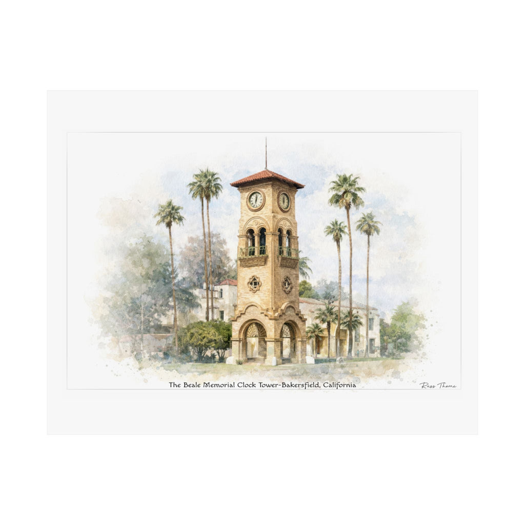 Timeless Sentinel of Bakersfield – Beale Memorial Clock Tower Watercolor
