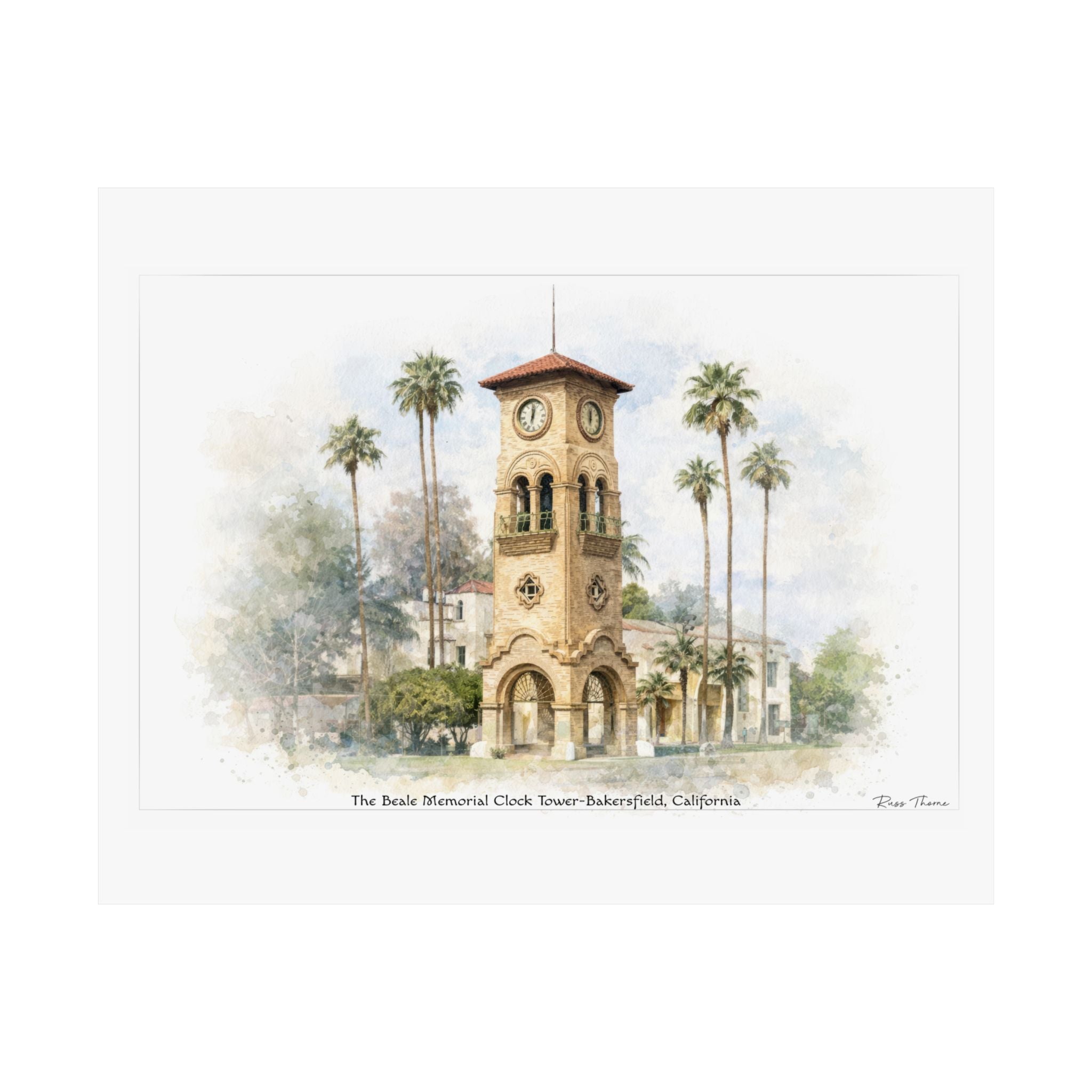 Timeless Sentinel of Bakersfield – Beale Memorial Clock Tower Watercolor