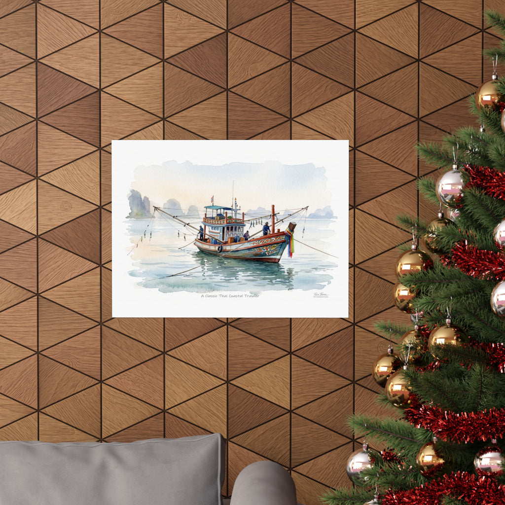 Classic Thai Coastal Trawler Watercolor – Traditional Thailand Fishing Boat Art Print