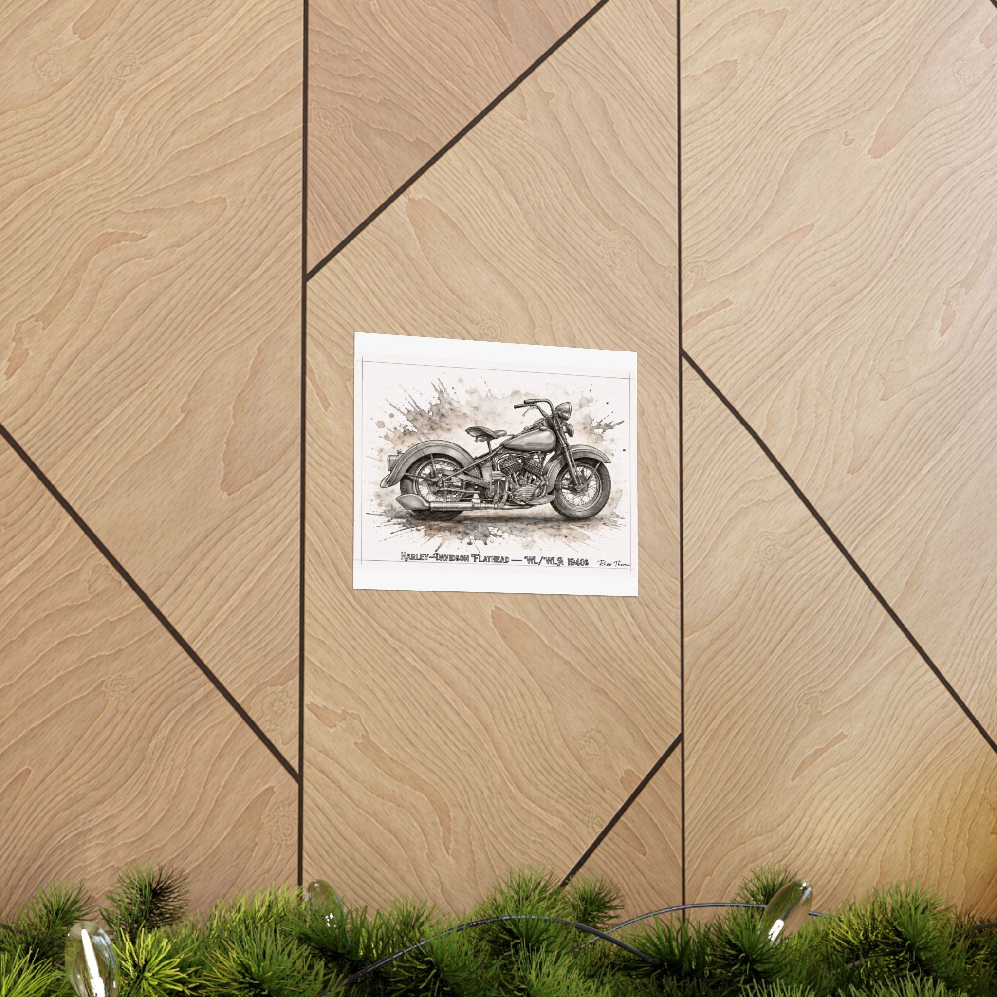 Vintage Harley-Davidson 1940s Flathead Motorcycle Poster — 1940s Harley Davidson Flat Head drawing Matte Horizontal Wall Art