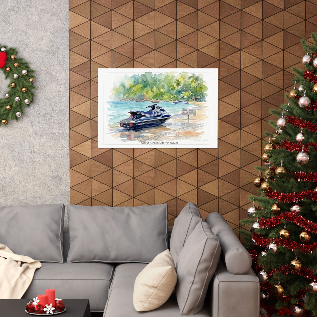 Koh Larn Jet Ski Beach Watercolor Poster — 'Trading Horsepower for Waves' Matte Horizontal Art Print
