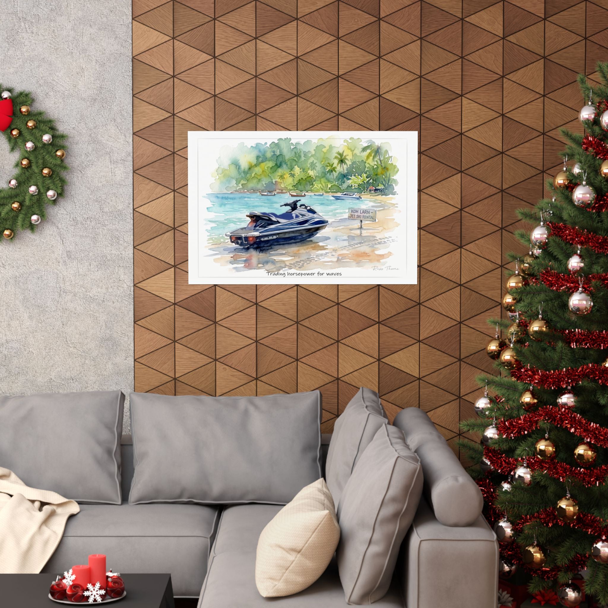 Koh Larn Jet Ski Beach Watercolor Poster — 'Trading Horsepower for Waves' Matte Horizontal Art Print