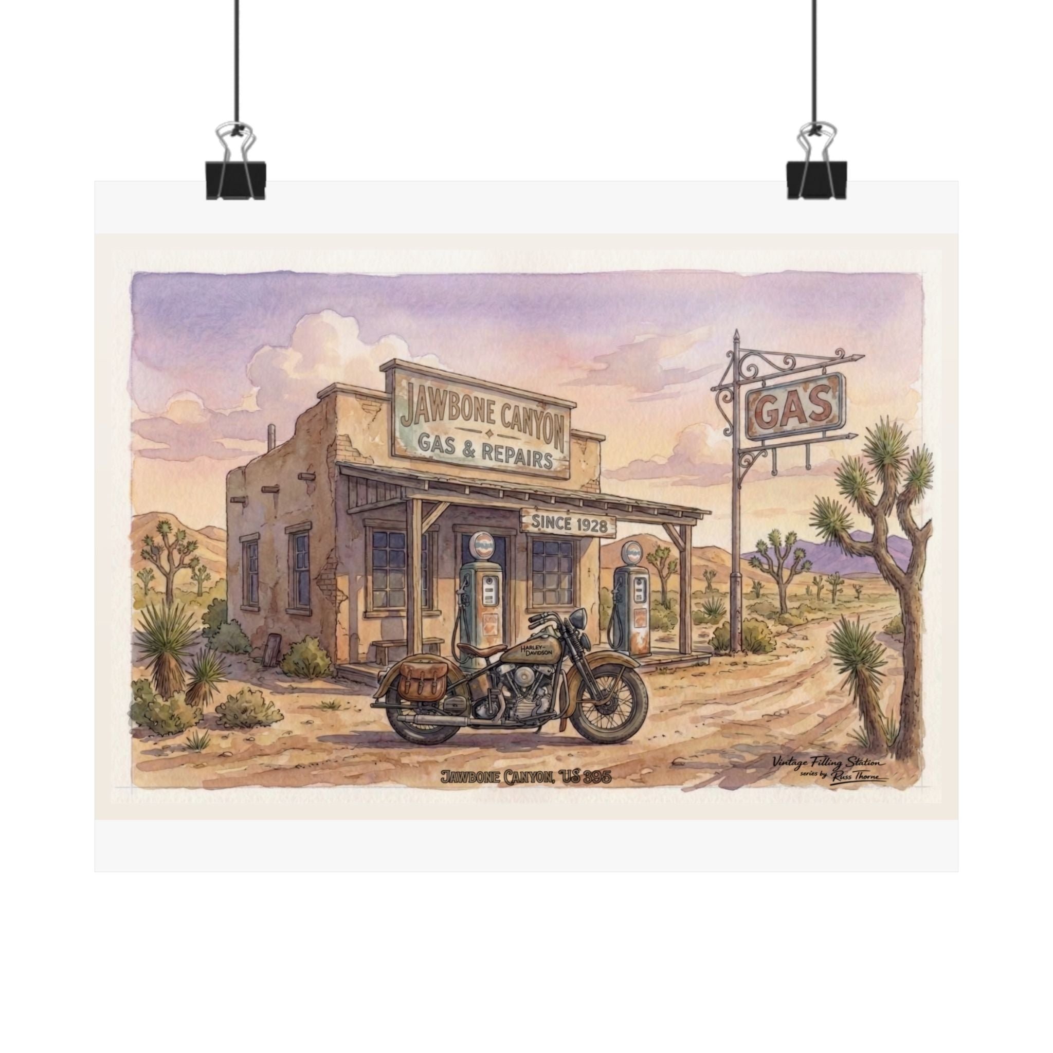 Vintage Desert Gas Station Poster — Jaw Bone Canyon  ---Retro Motorcycle Matte Horizontal Print