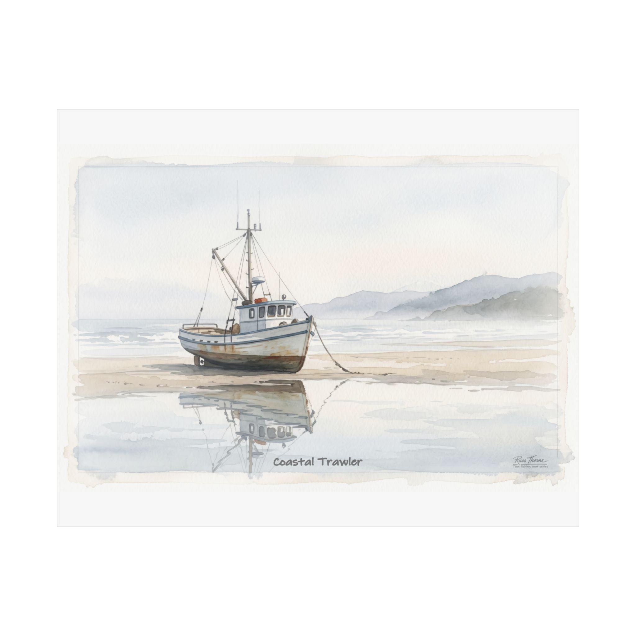 Coastal Trawler – Quiet Harbor Watercolor Art Print