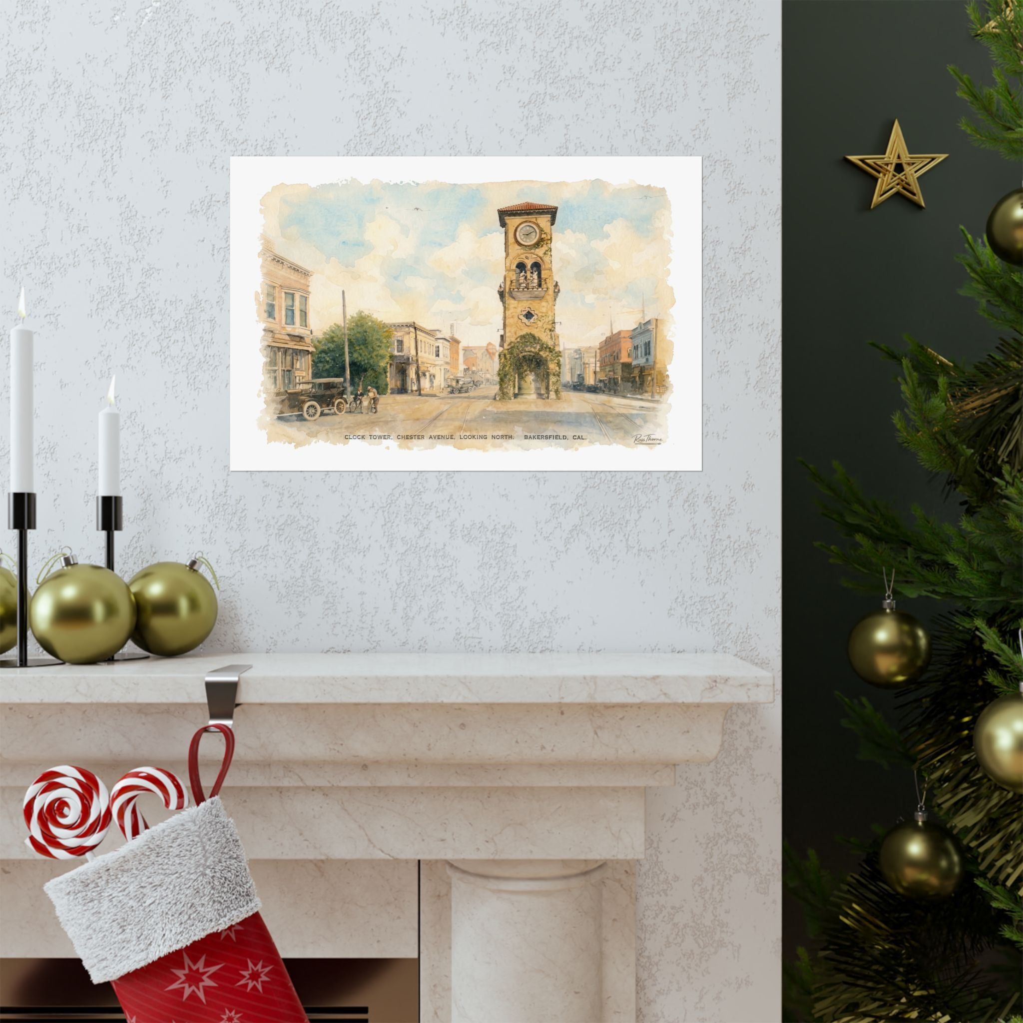 Bakersfield Clock Tower Watercolor | Vintage Architectural Art Print | Chester Avenue 1900s Street Scene