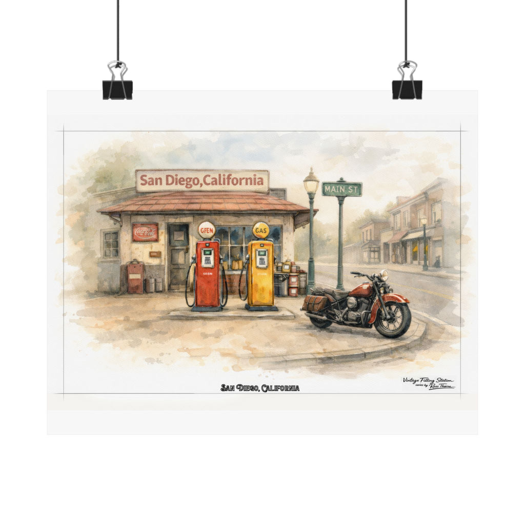 Vintage San Diego Motorcycle Poster — Retro Gas Station Art Print (Matte Horizontal)