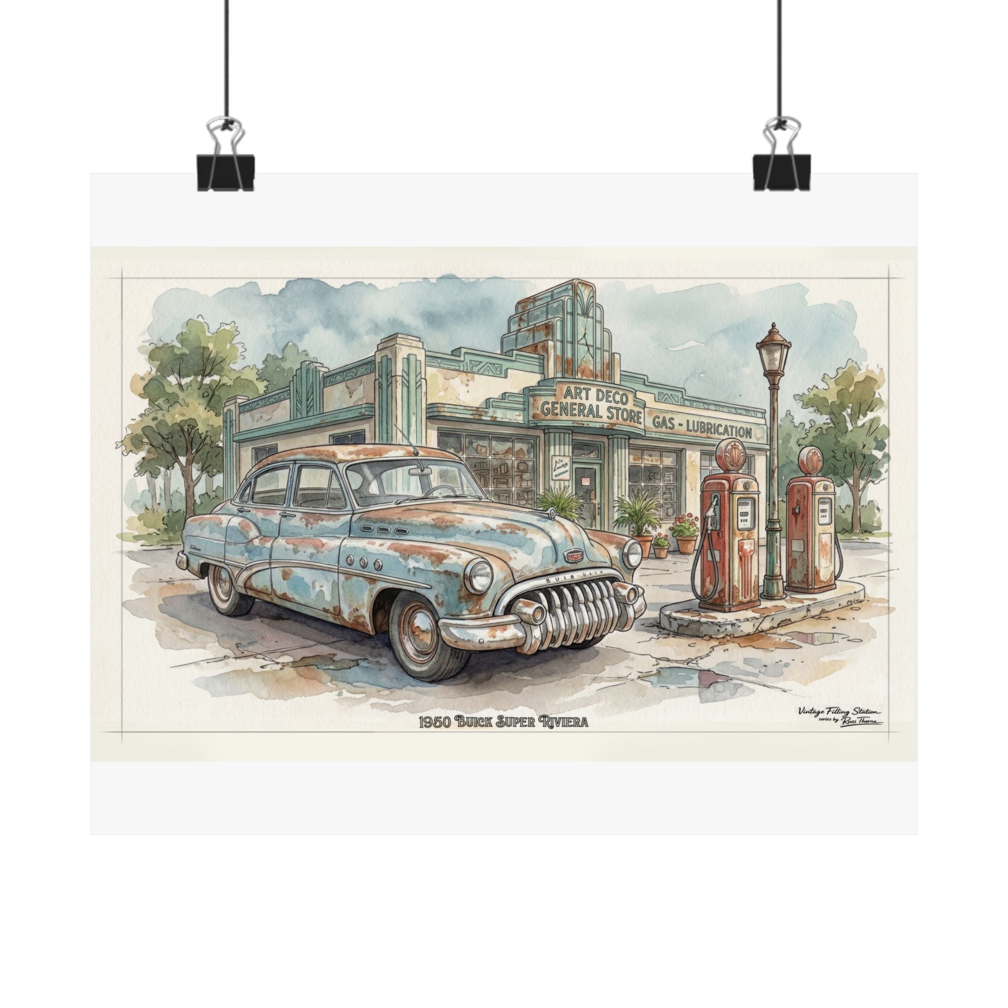 Vintage Gas Station Poster —  1950 Buick Super Riviera -- Matte Horizontal Wall Art