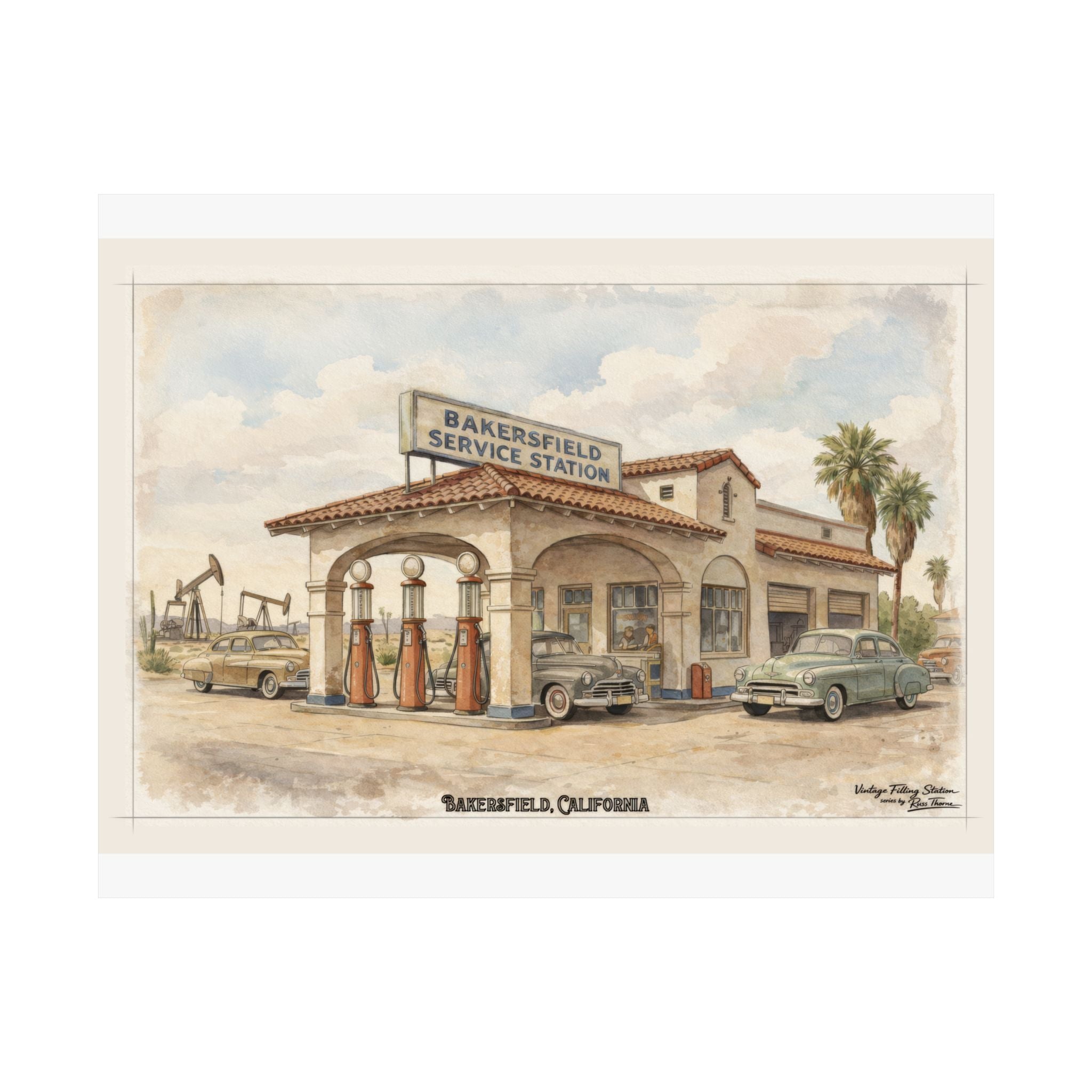 Bakersfield Service Station Vintage Poster — Matte Horizontal Retro Gas Station Wall Art