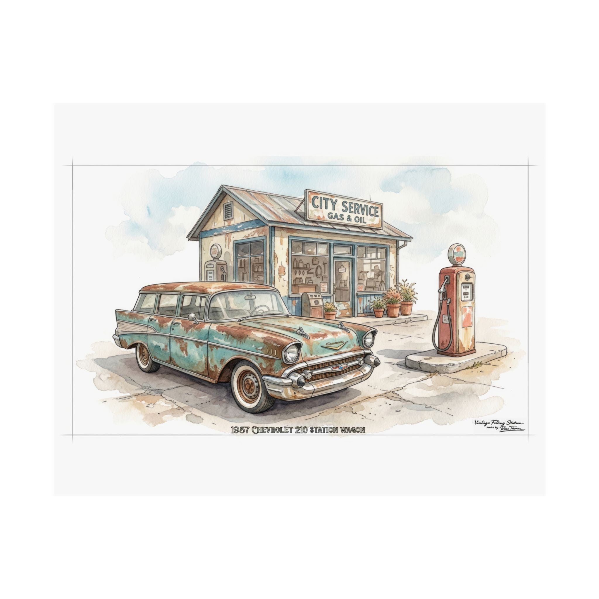 Vintage Gas Station Poster —1957 Chevrolet 210 station wagon-- Wall Art (Matte Horizontal)