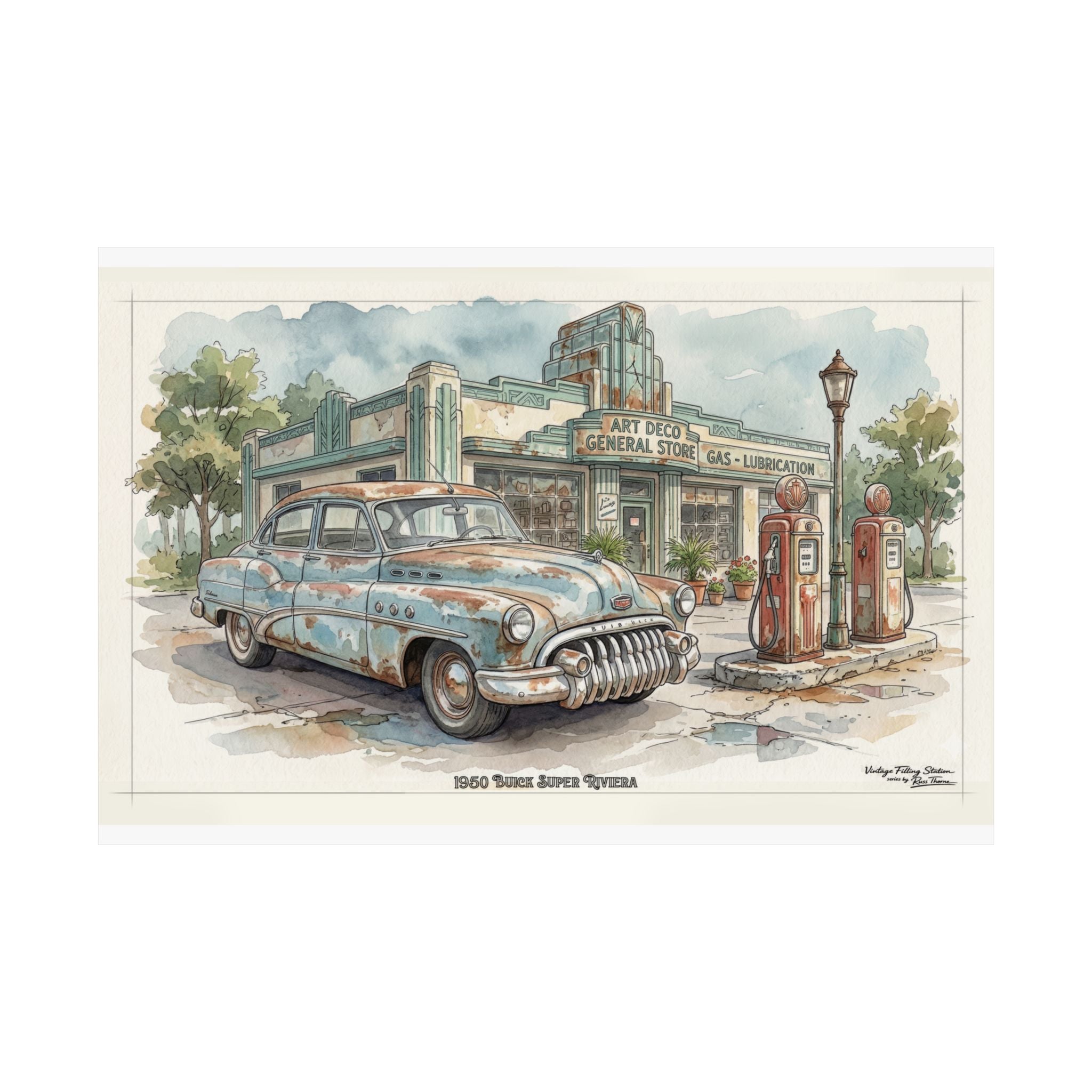 Vintage Gas Station Poster —  1950 Buick Super Riviera -- Matte Horizontal Wall Art
