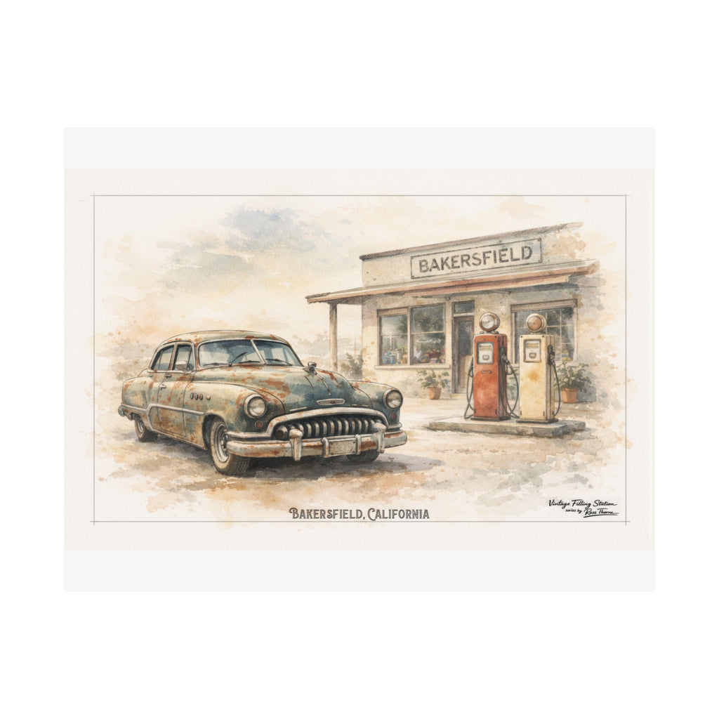 Vintage Bakersfield Gas Station Poster —  1950 Buick Super or Roadmaster sedan.  ---Matte Horizontal Car Print