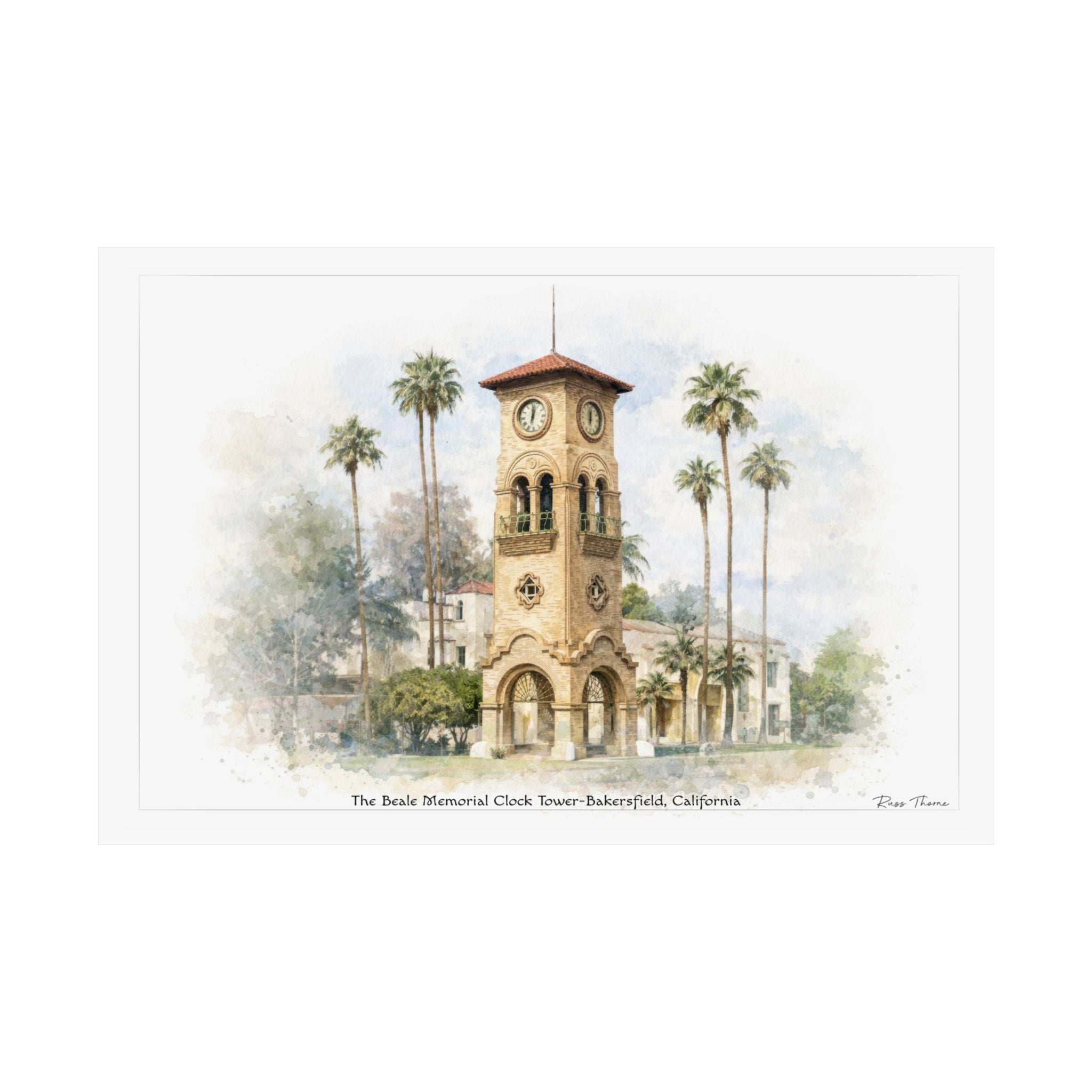 Timeless Sentinel of Bakersfield – Beale Memorial Clock Tower Watercolor