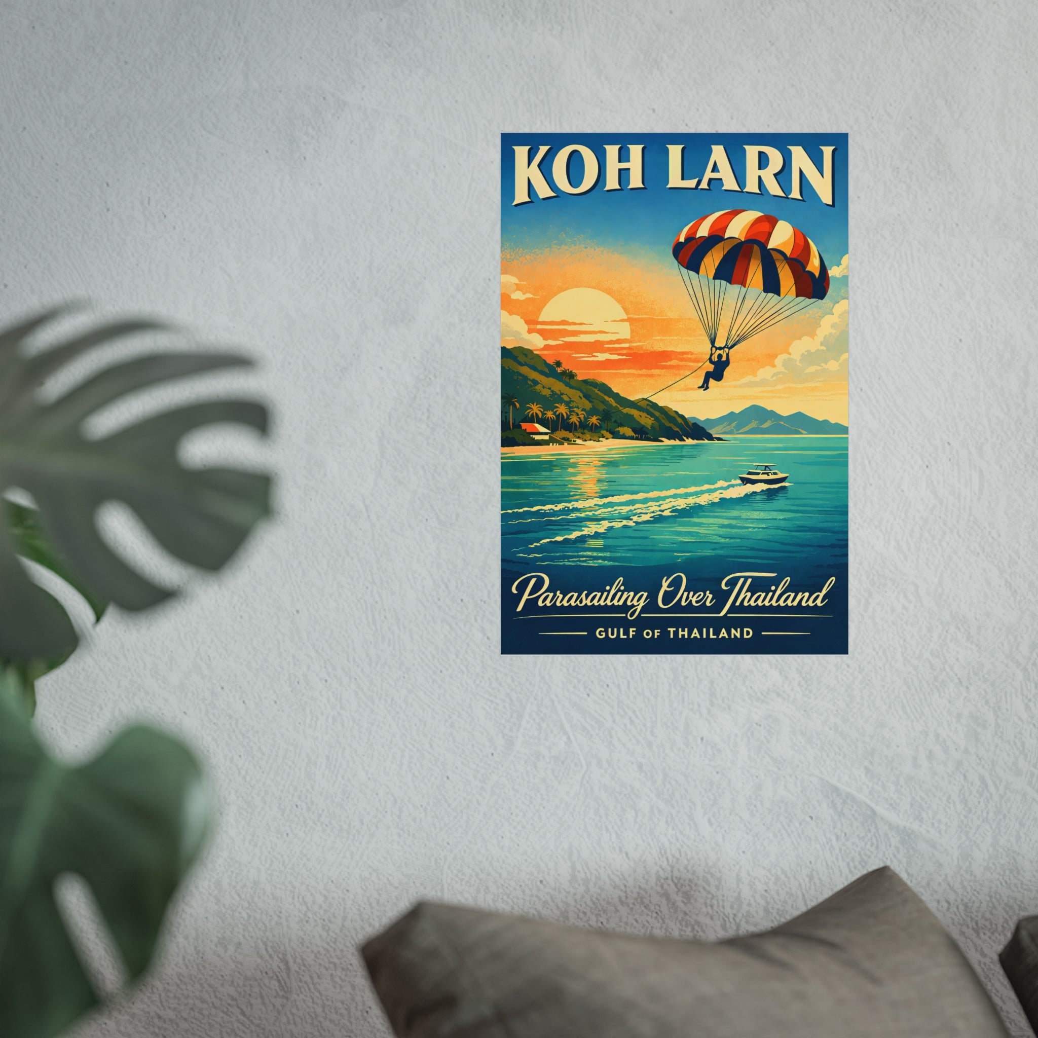 Koh Larn Parasailing Over Thailand Fine Art Poster — Retro Travel Print